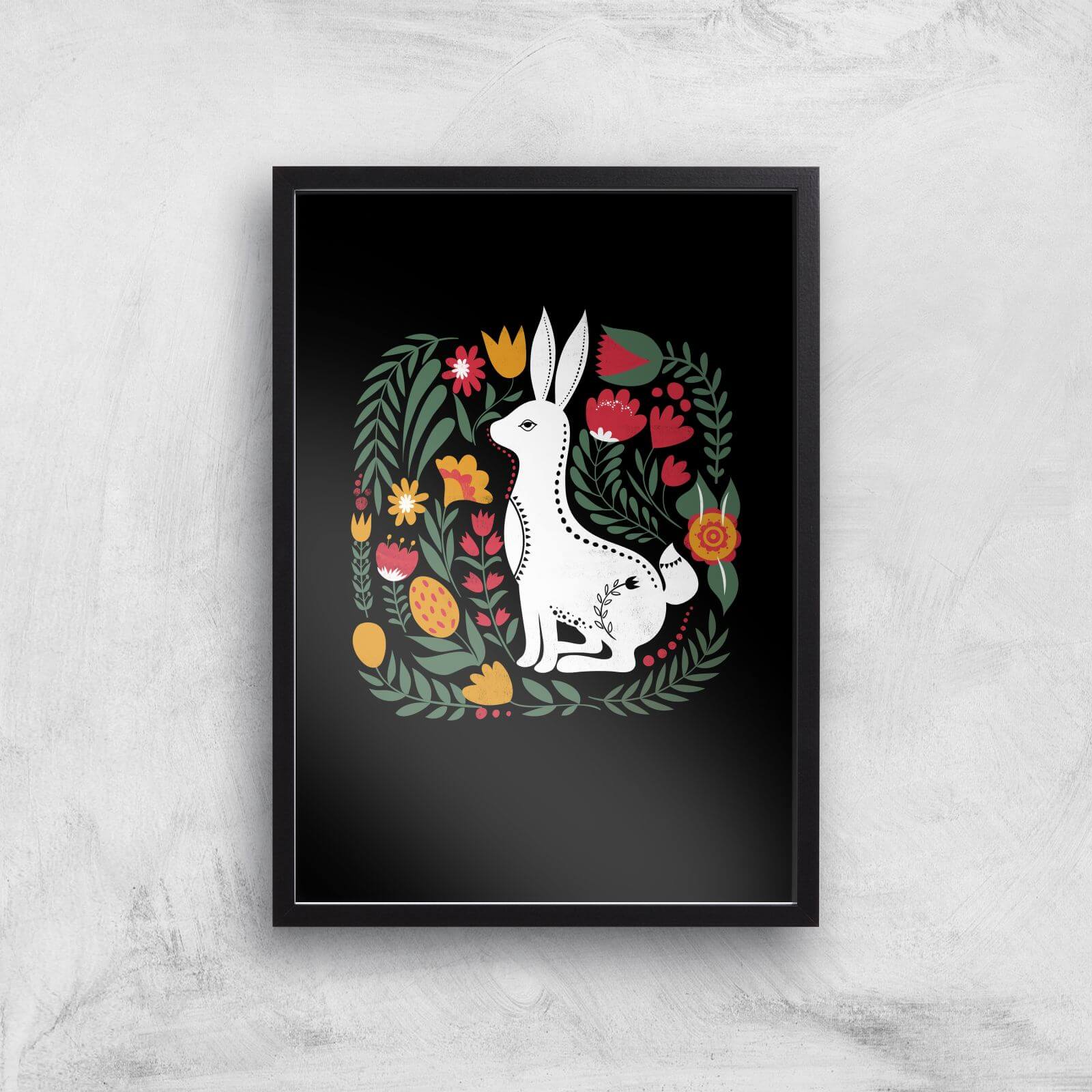 Scandi Rabbit Pattern Art Print - A2 - Black Frame