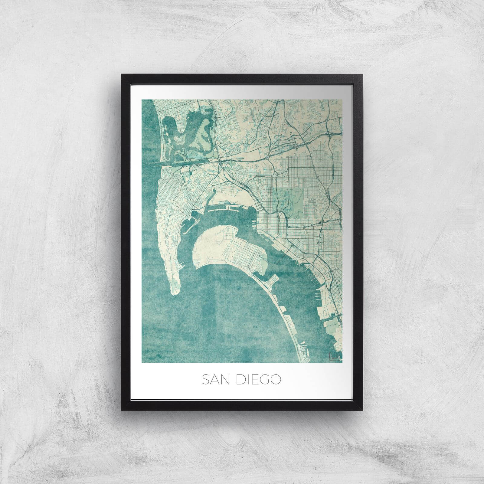 City Art Coloured San Diego Map Art Print - A2 - Black Frame
