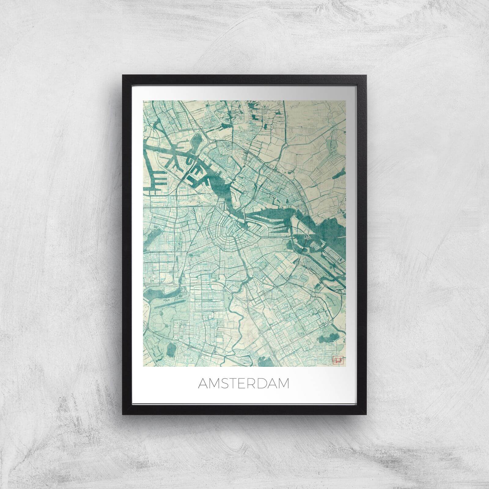 City Art Coloured Amsterdam Map Art Print - A2 - Black Frame