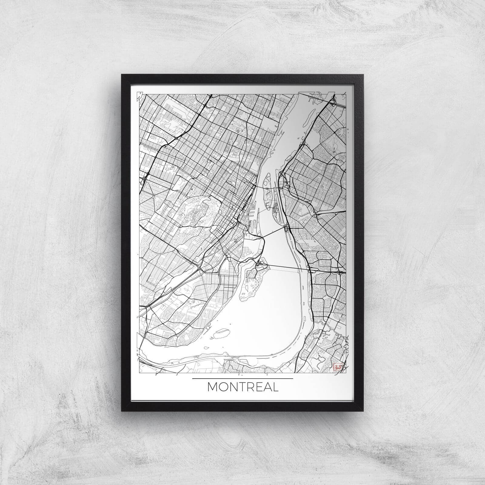 City Art Black and White Outlined Montreal Map Art Print - A2 - Black Frame