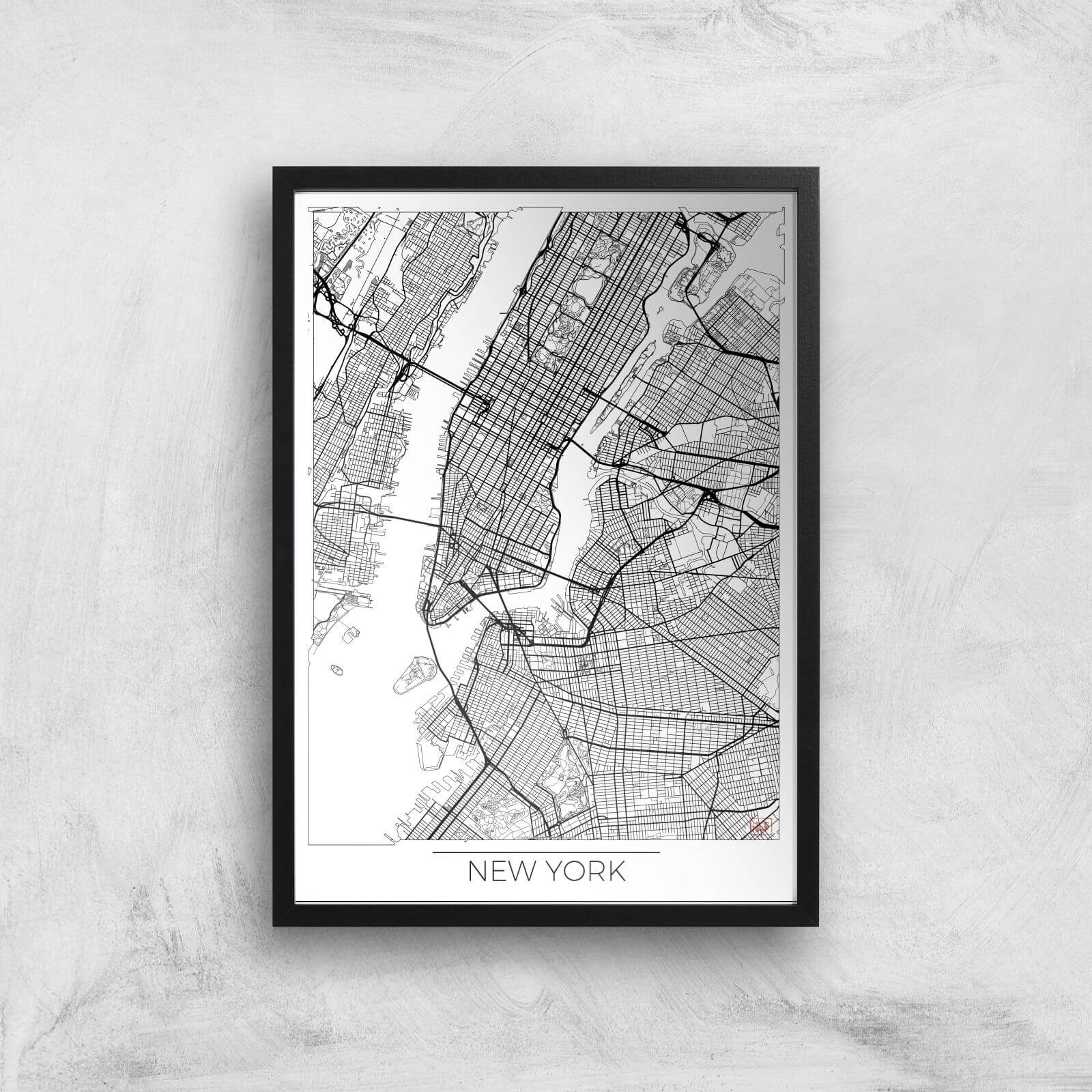 City Art Black and White Outlined New York Map Art Print - A2 - Black Frame