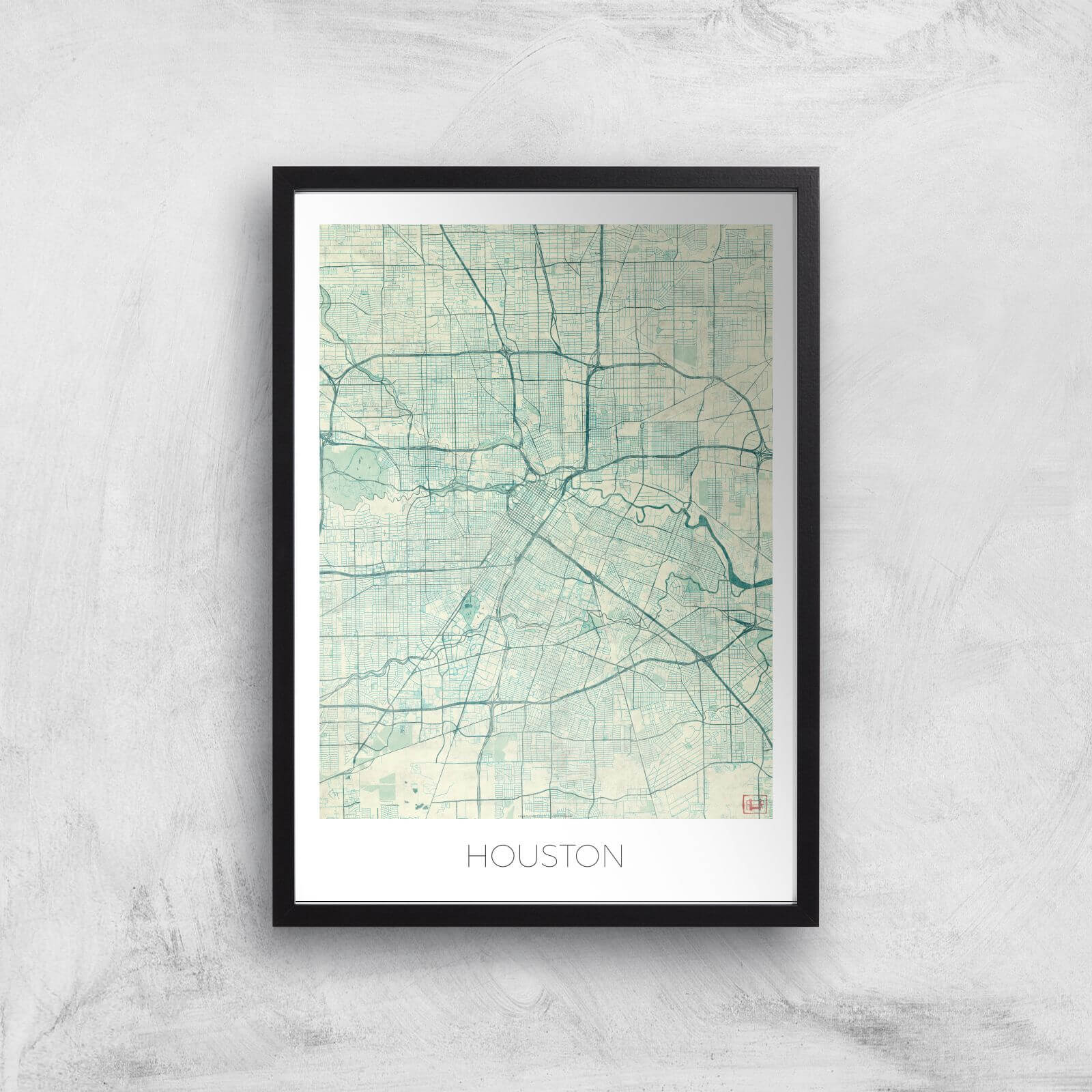 City Art Coloured Houston Map Art Print - A2 - Black Frame