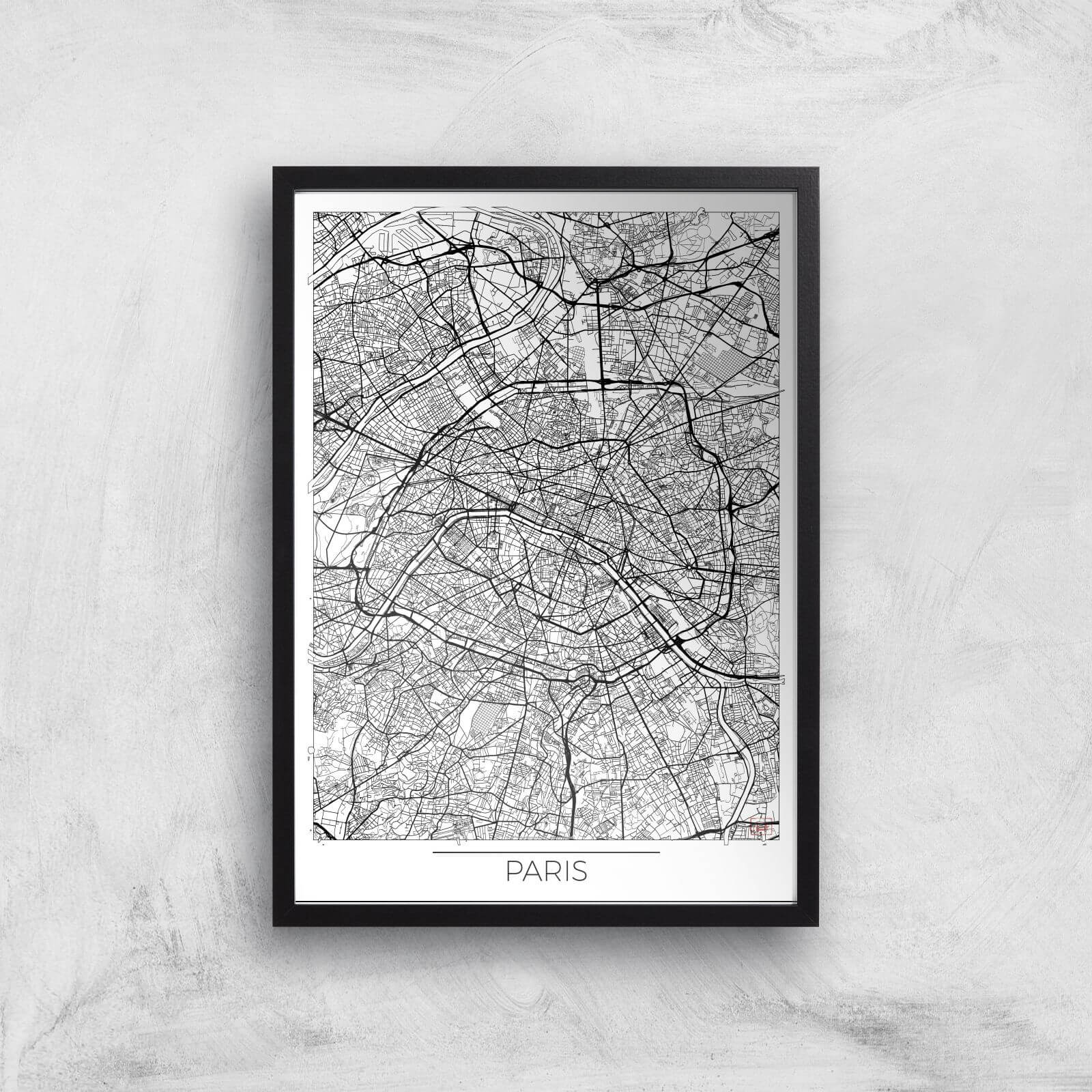 City Art Black and White Outlined Paris Map Art Print - A2 - Black Frame