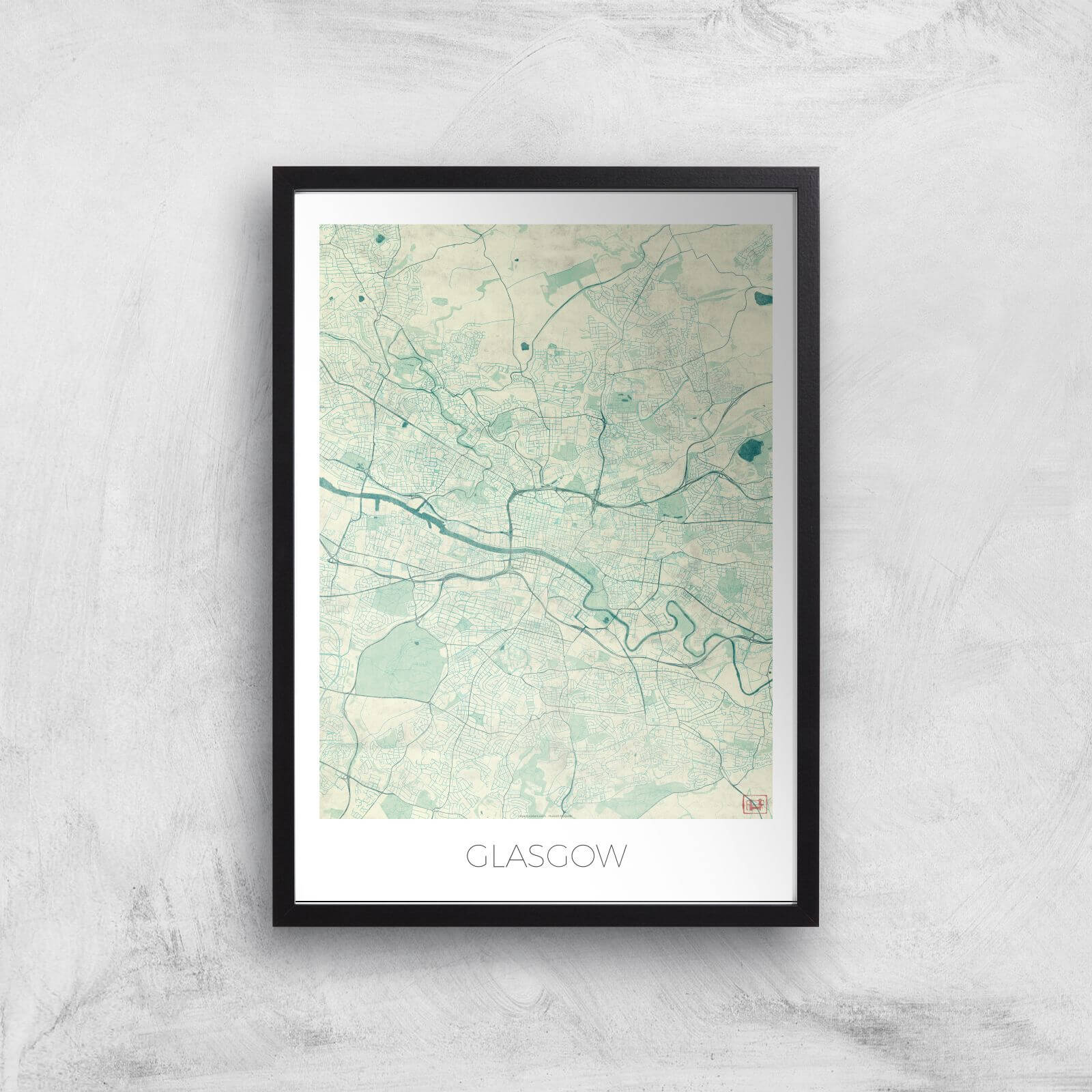 City Art Coloured Glasgow Map Art Print - A2 - Black Frame