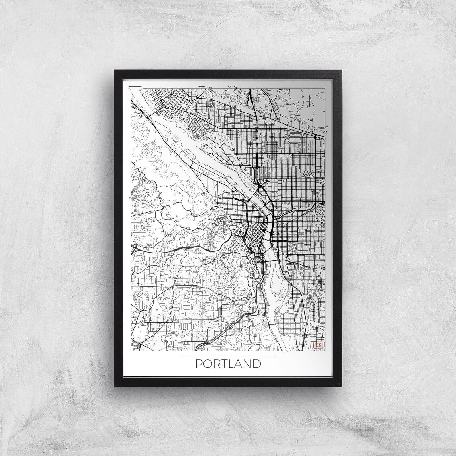 City Art Black and White Outlined Portland Map Art Print - A2 - Black Frame