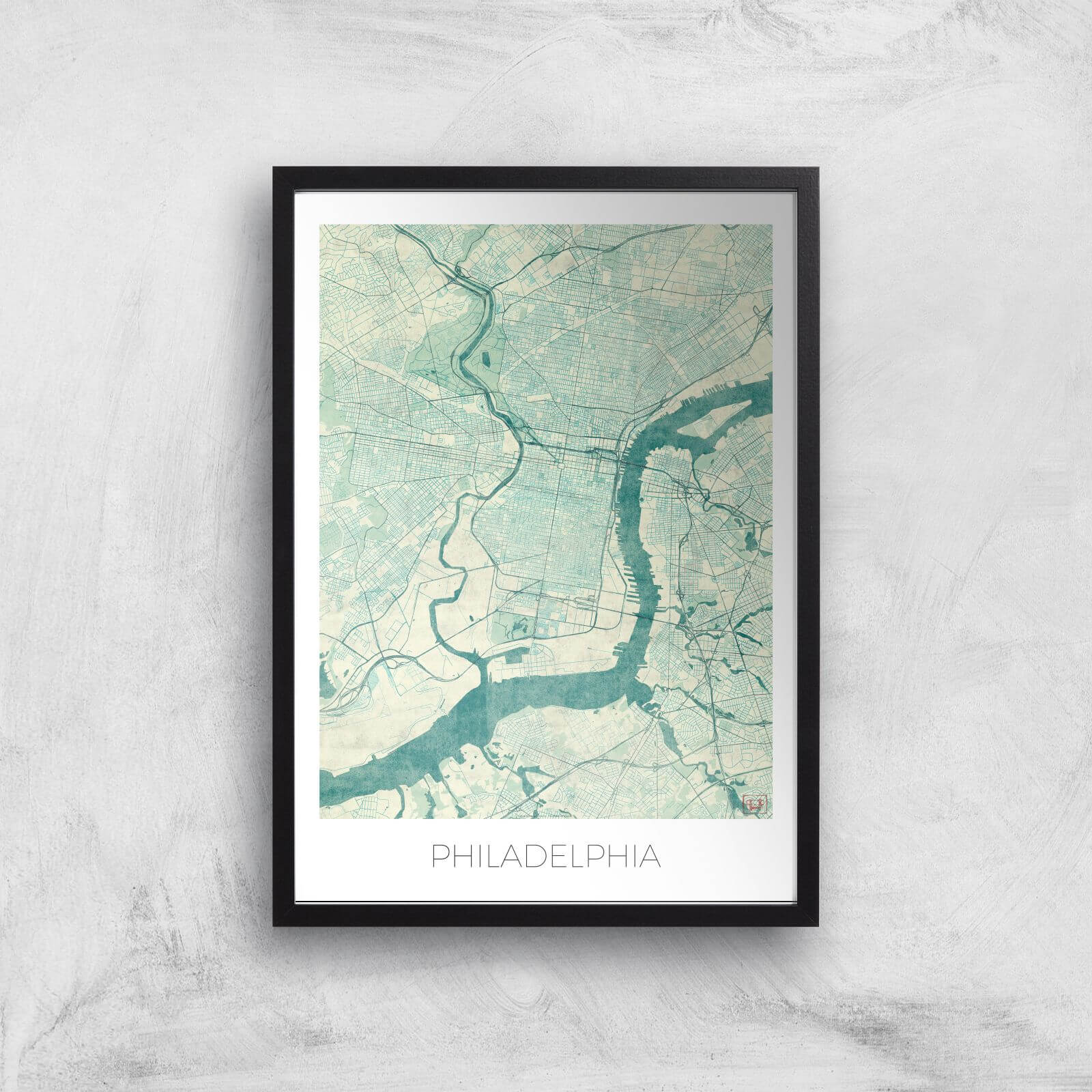 City Art Coloured Philadelphia Map Art Print - A2 - Black Frame