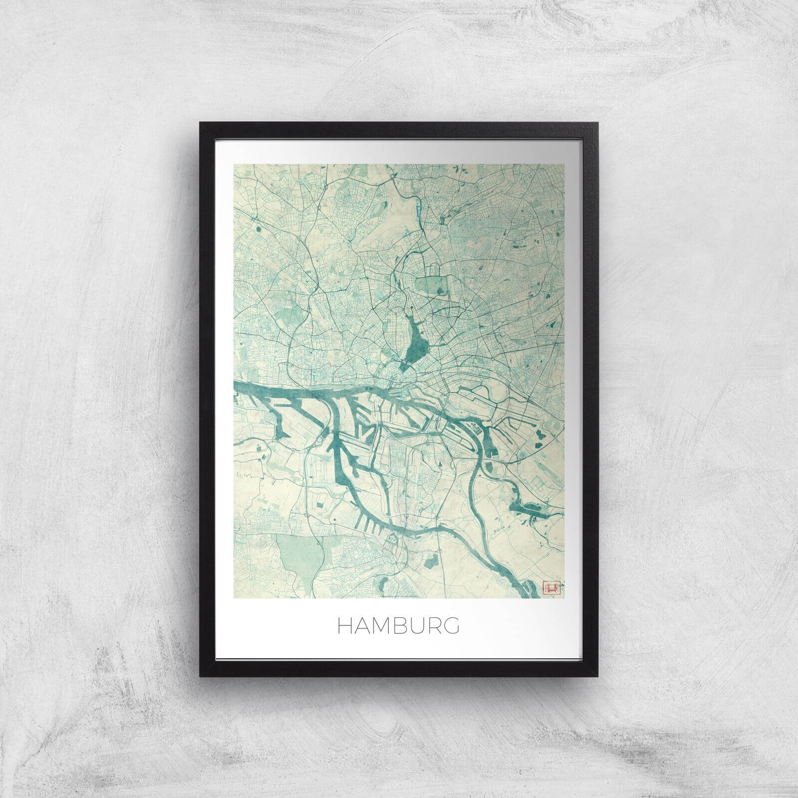 City Art Coloured Hamburg Map Art Print - A2 - Black Frame