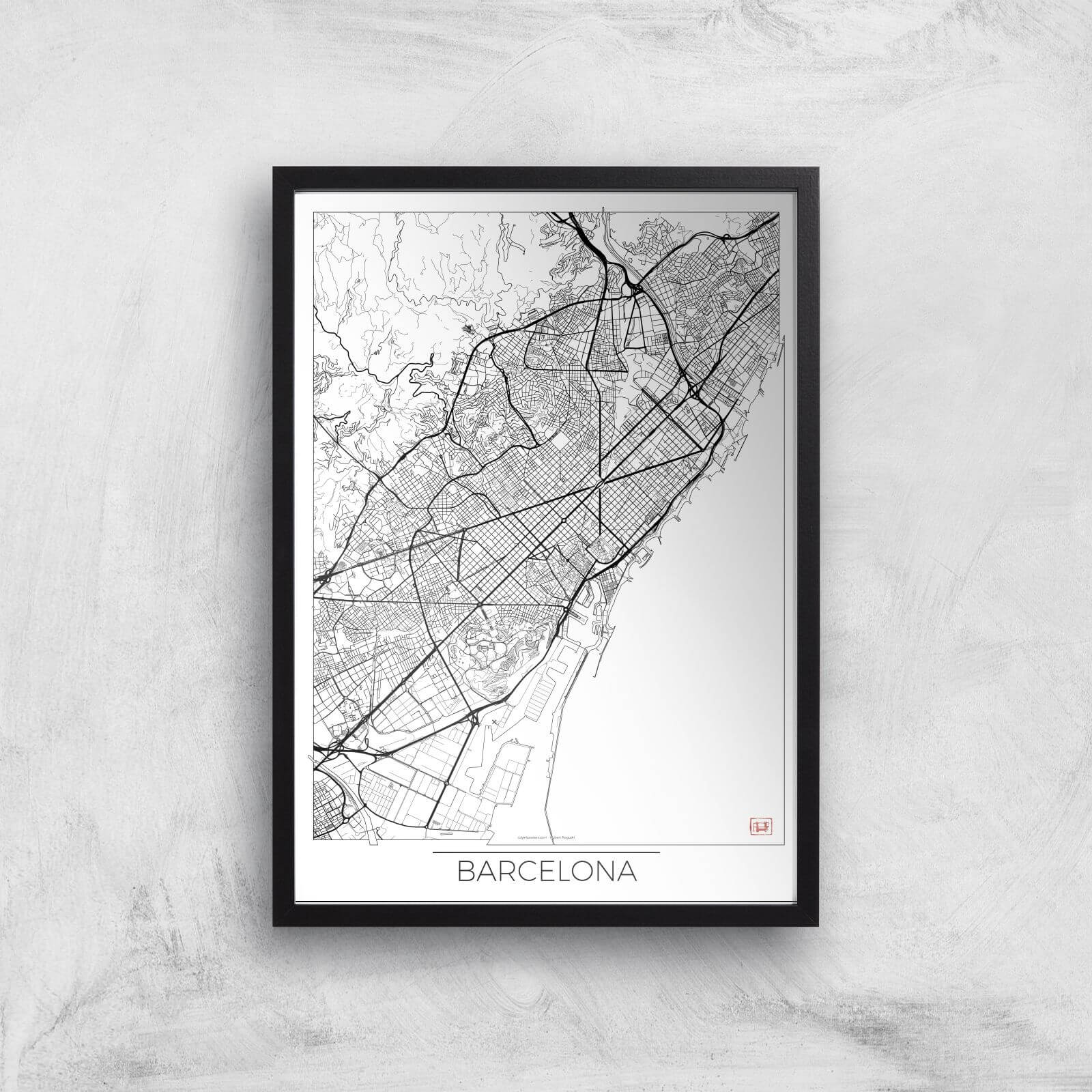 City Art Black and White Outlined Barcelona Map Art Print - A2 - Black Frame