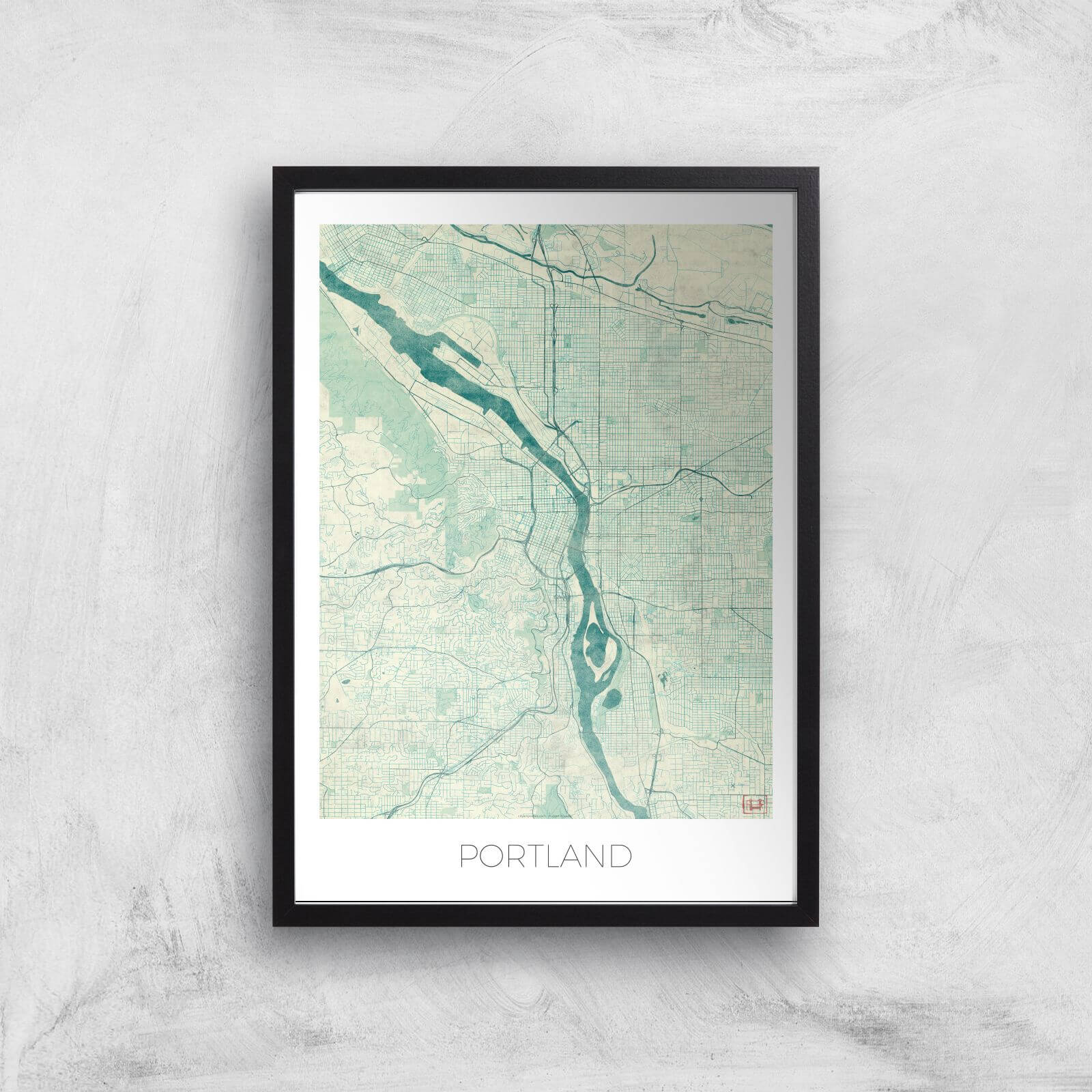 City Art Coloured Portland Map Art Print - A2 - Black Frame