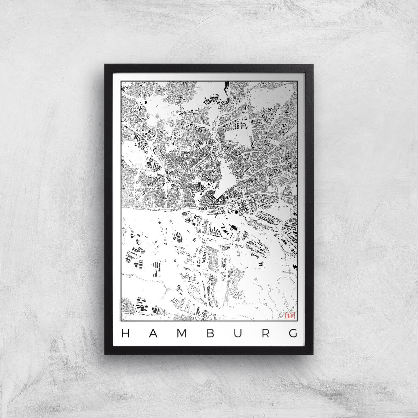 City Art Black and White Hamburg Map Art Print - A2 - Black Frame