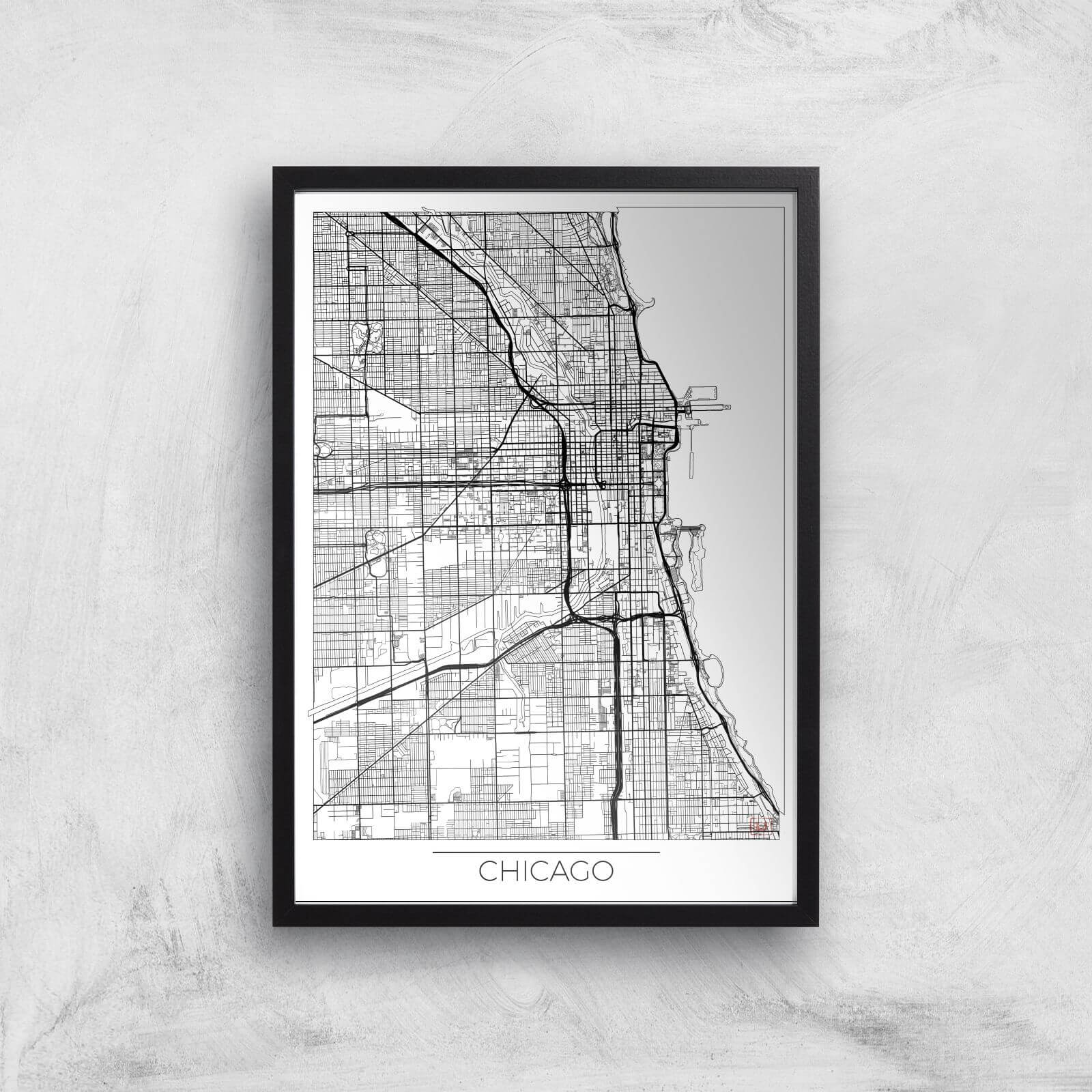 City Art Black and White Outlined Chicago Map Art Print - A2 - Black Frame