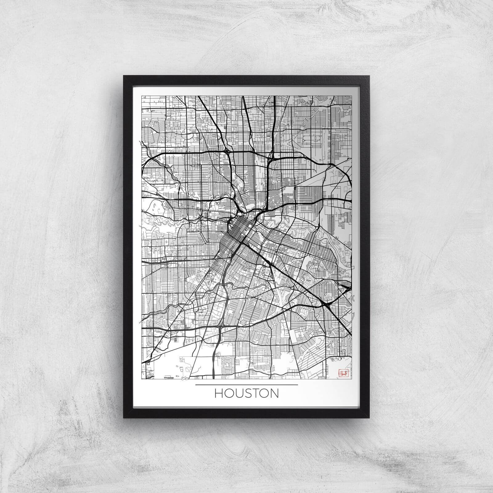 City Art Black and White Outlined Houston Map Art Print - A2 - Black Frame