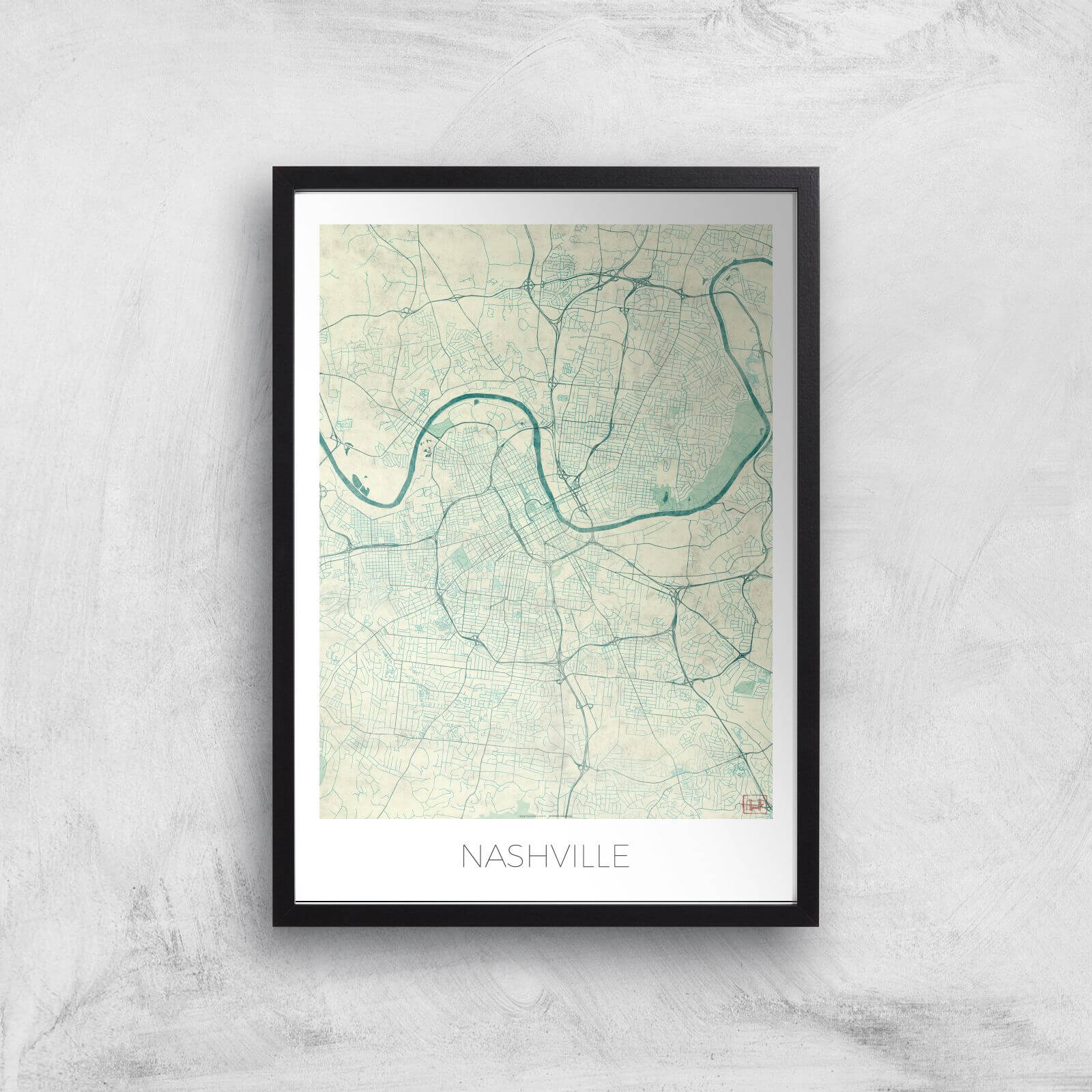City Art Coloured Nashville Map Art Print - A2 - Black Frame