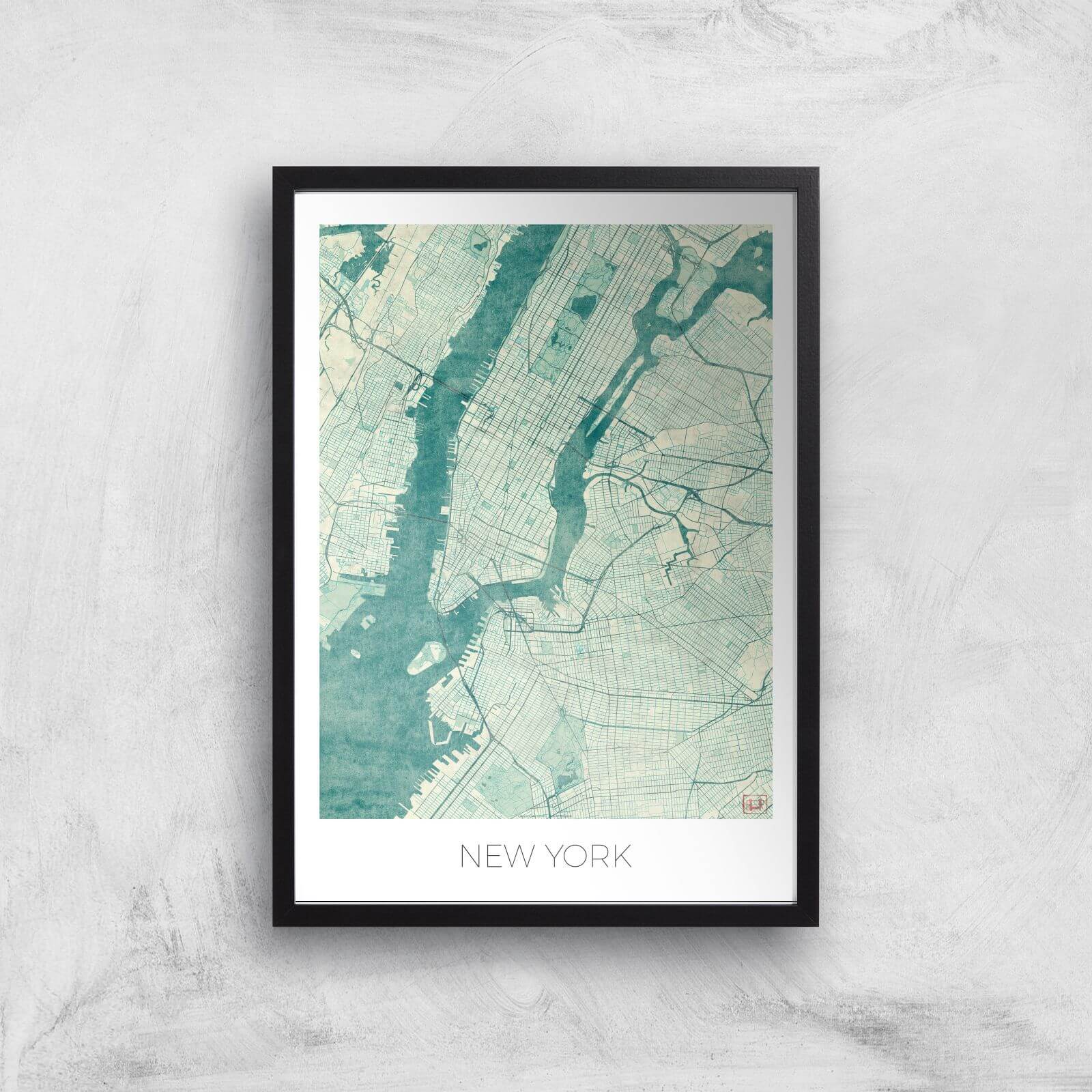City Art Coloured New York Map Art Print - A2 - Black Frame