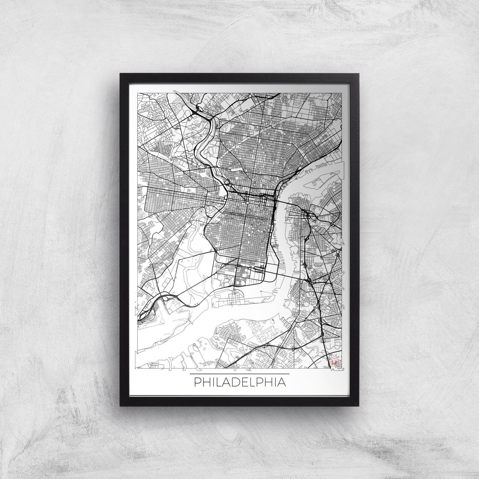 City Art Black and White Outlined Philadelphia Map Art Print - A2 - Black Frame