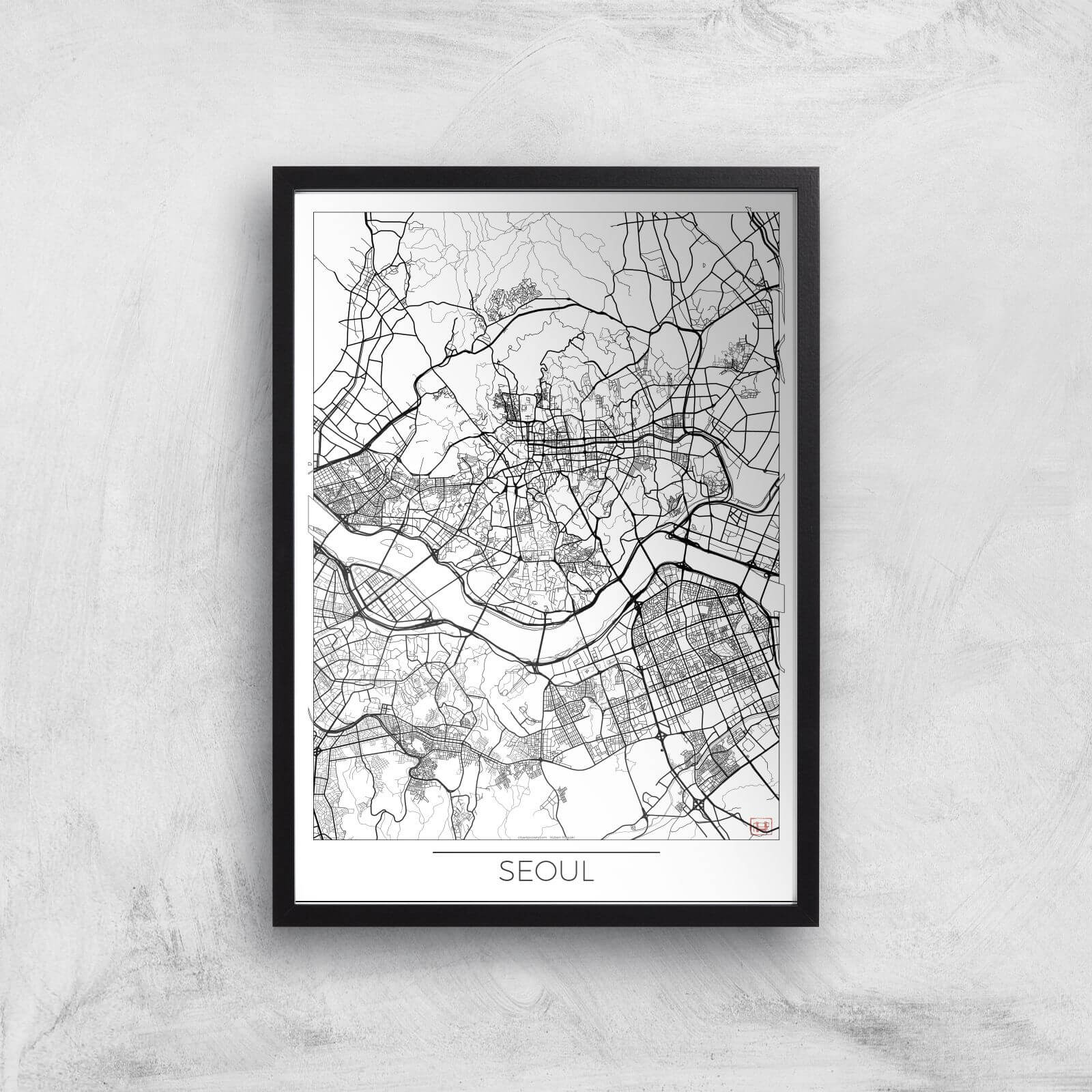 City Art Black and White Outlined Seoul Map Art Print - A2 - Black Frame
