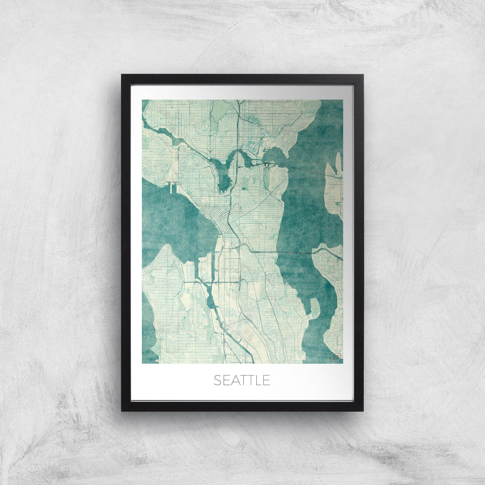City Art Coloured Seattle Map Art Print - A2 - Black Frame