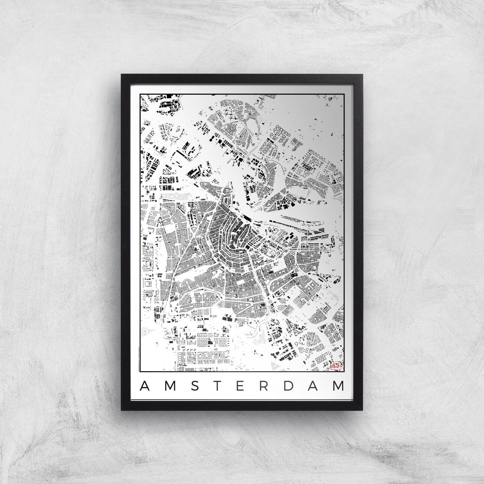 City Art Black and White Amsterdam Map Art Print - A2 - Black Frame