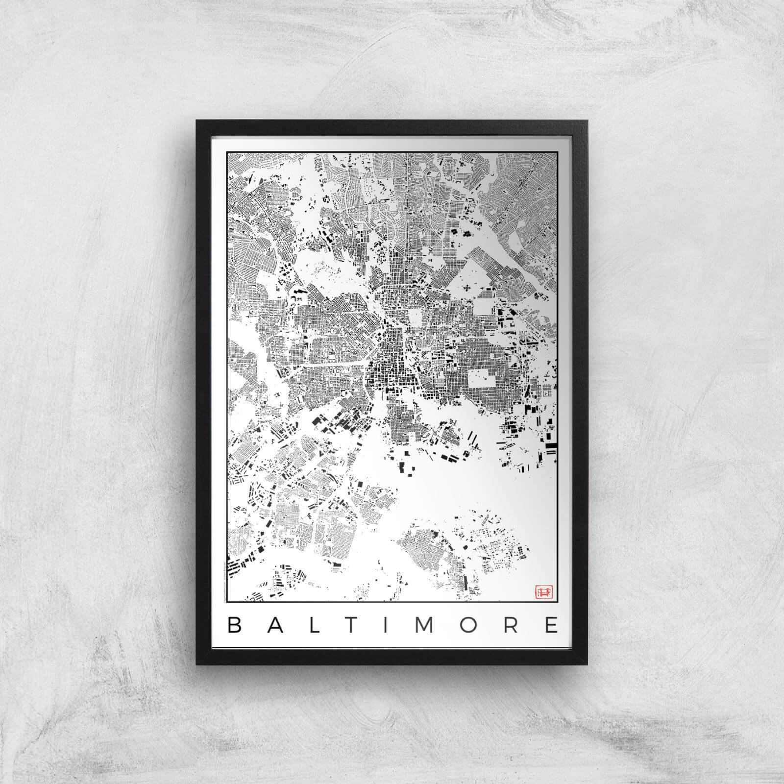 City Art Black and White Baltimore Map Art Print - A2 - Black Frame