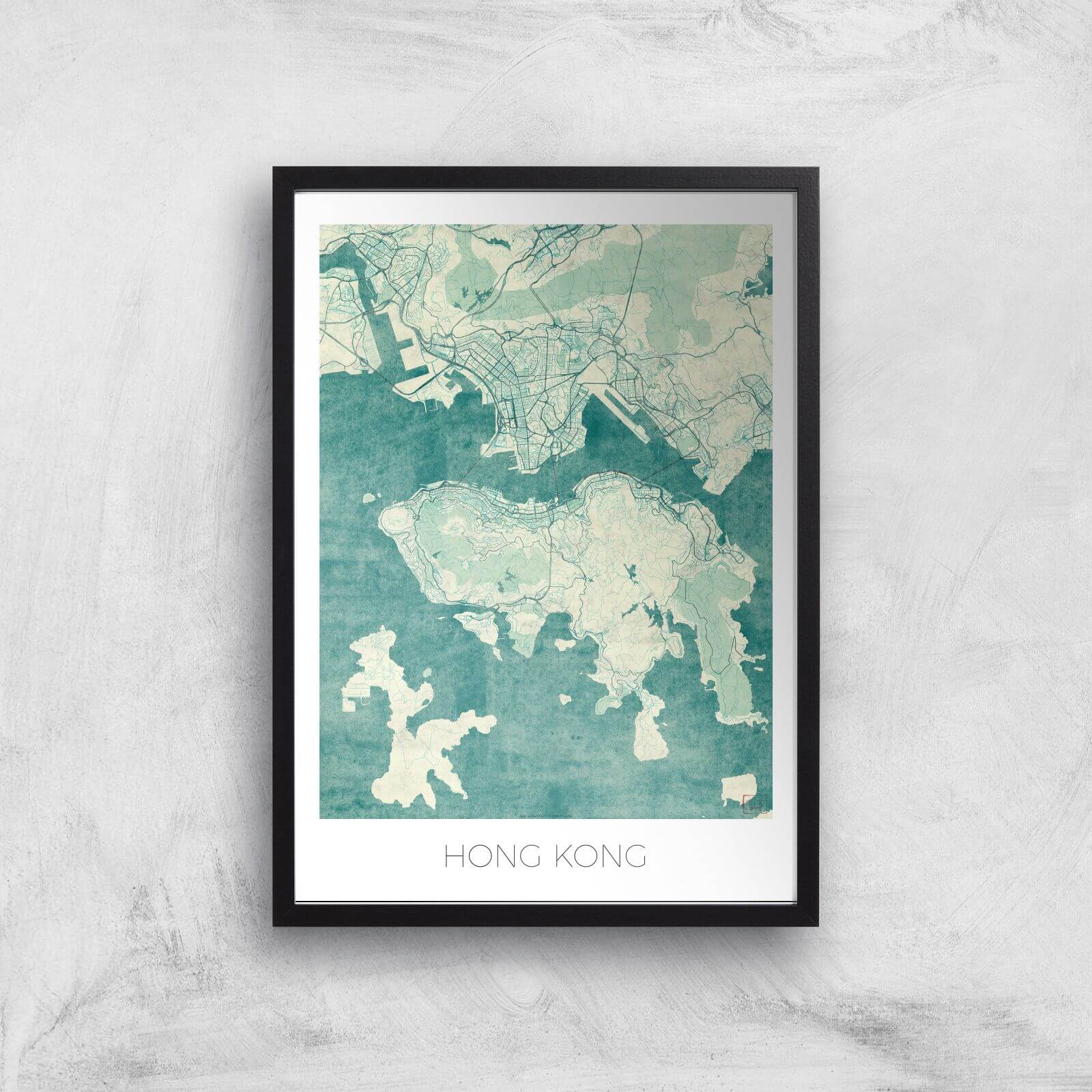 City Art Coloured Hong Kong Map Art Print - A2 - Black Frame