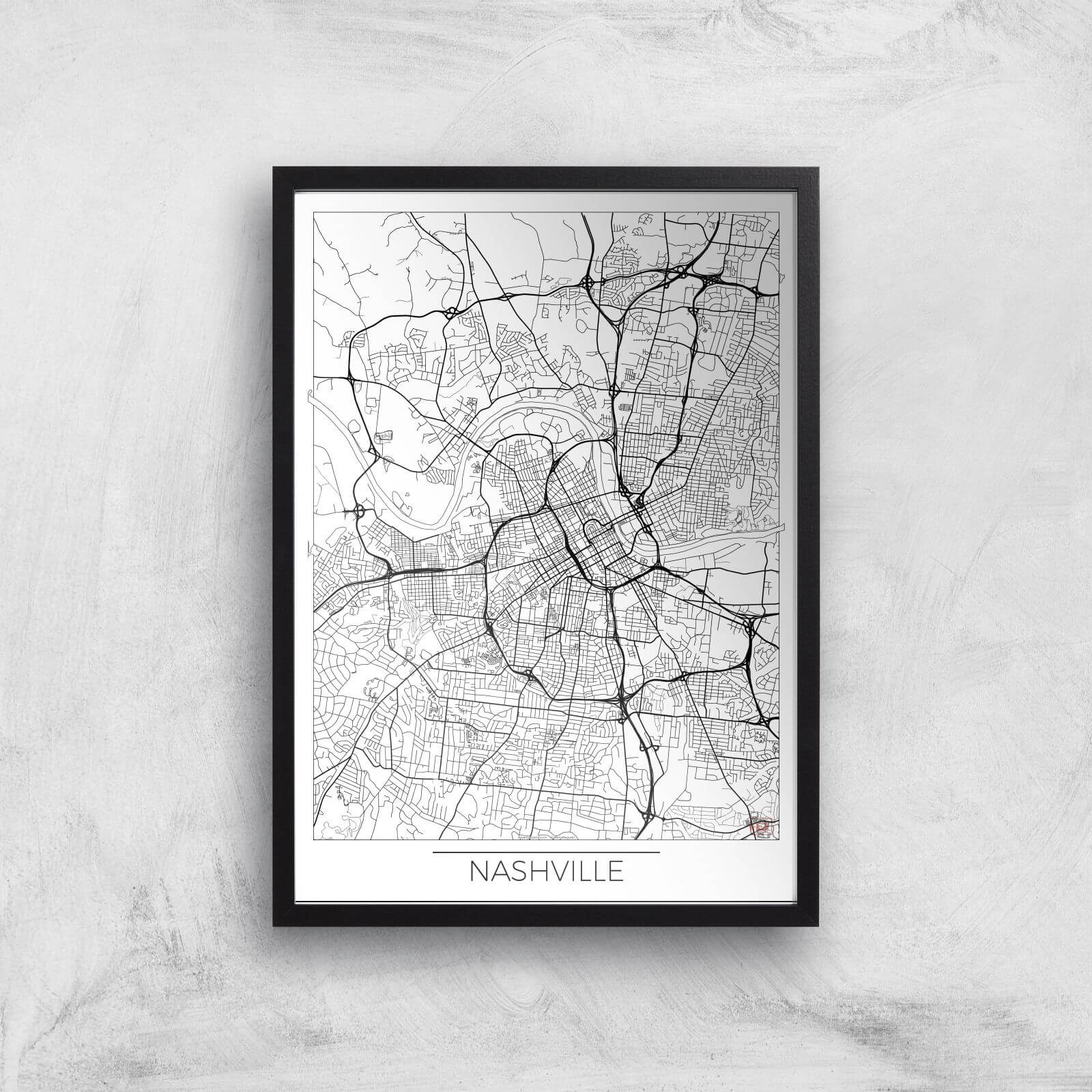 City Art Black and White Outlined Nashville Map Art Print - A2 - Black Frame