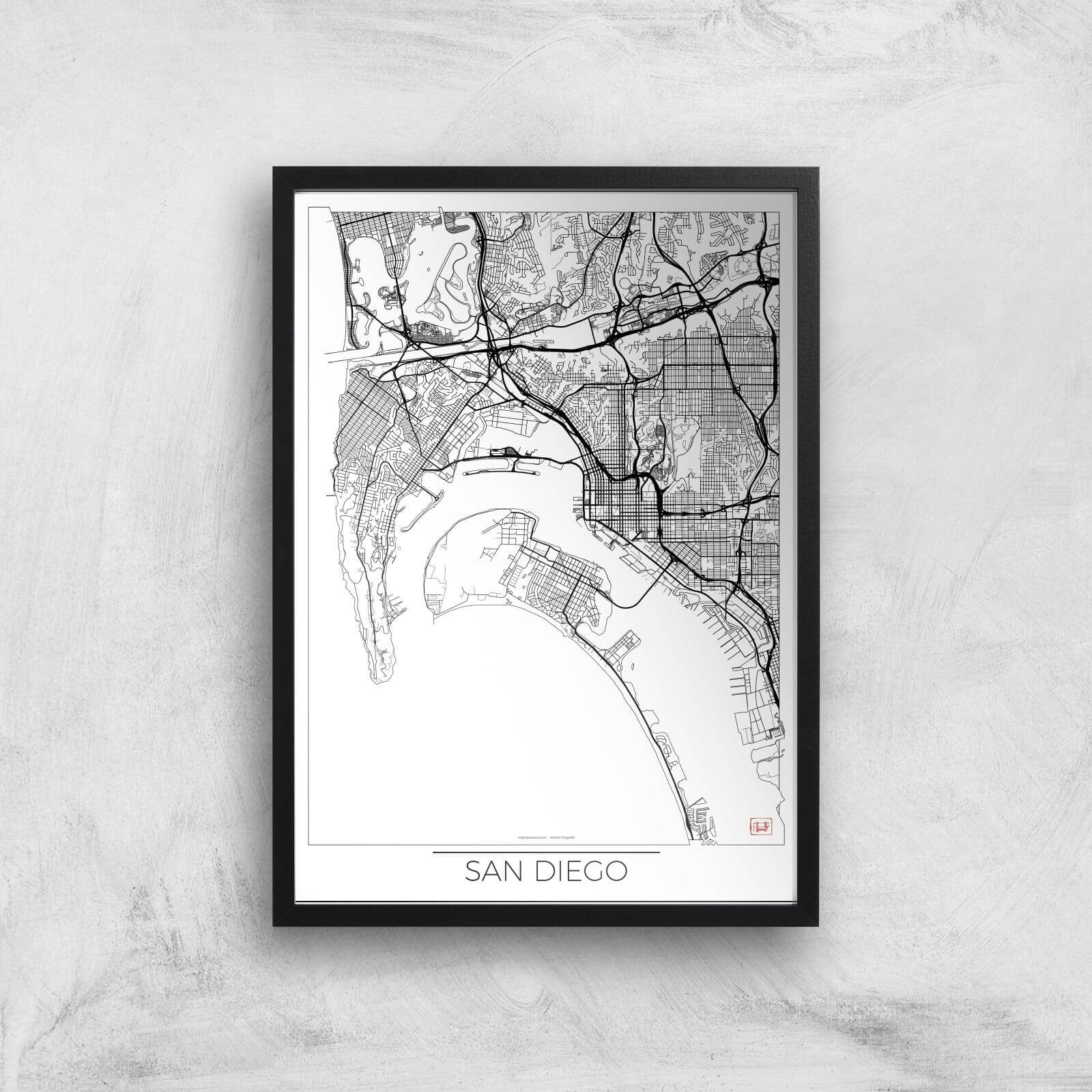 City Art Black and White Outlined San Diego Map Art Print - A2 - Black Frame
