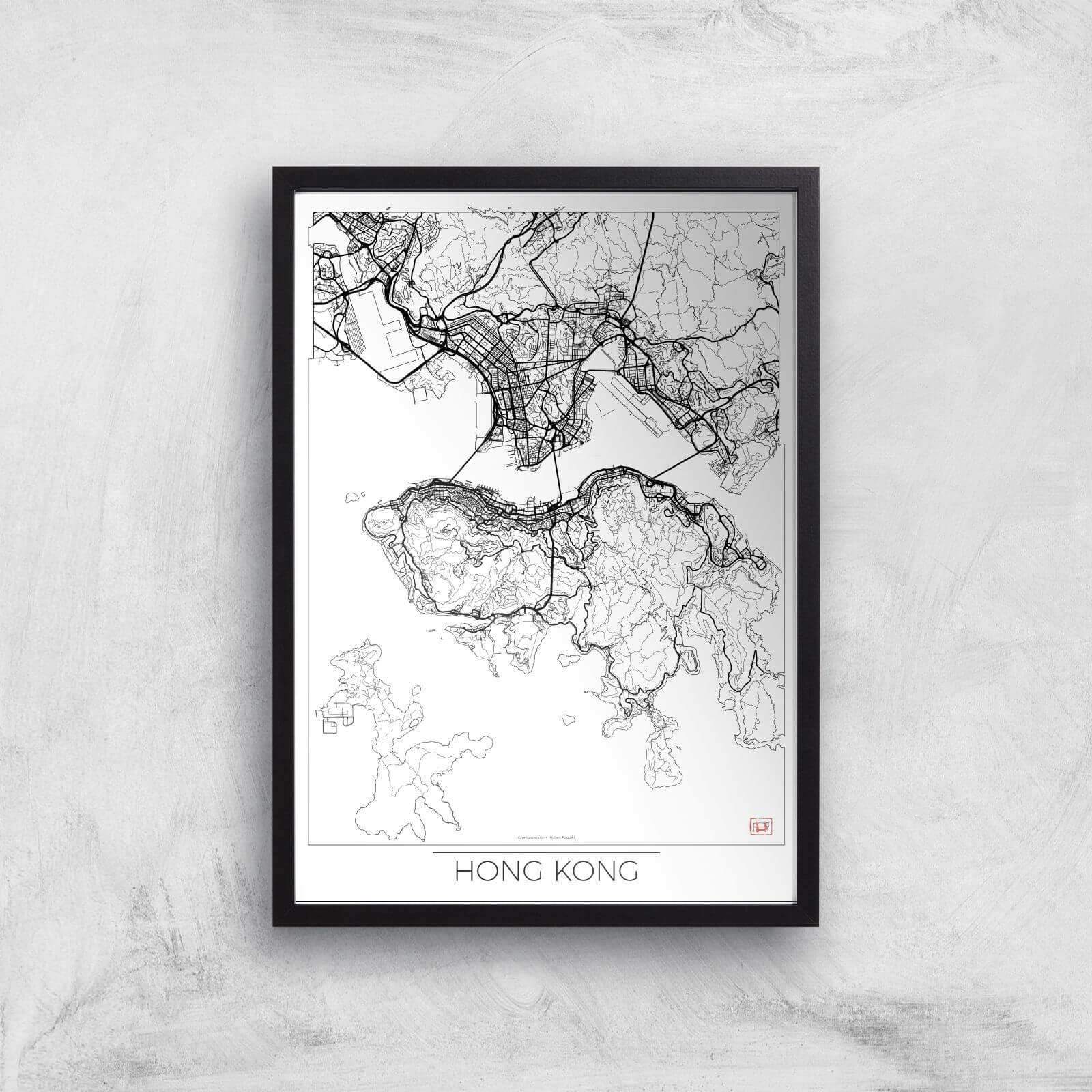 City Art Black and White Outlined Hong Kong Map Art Print - A2 - Black Frame