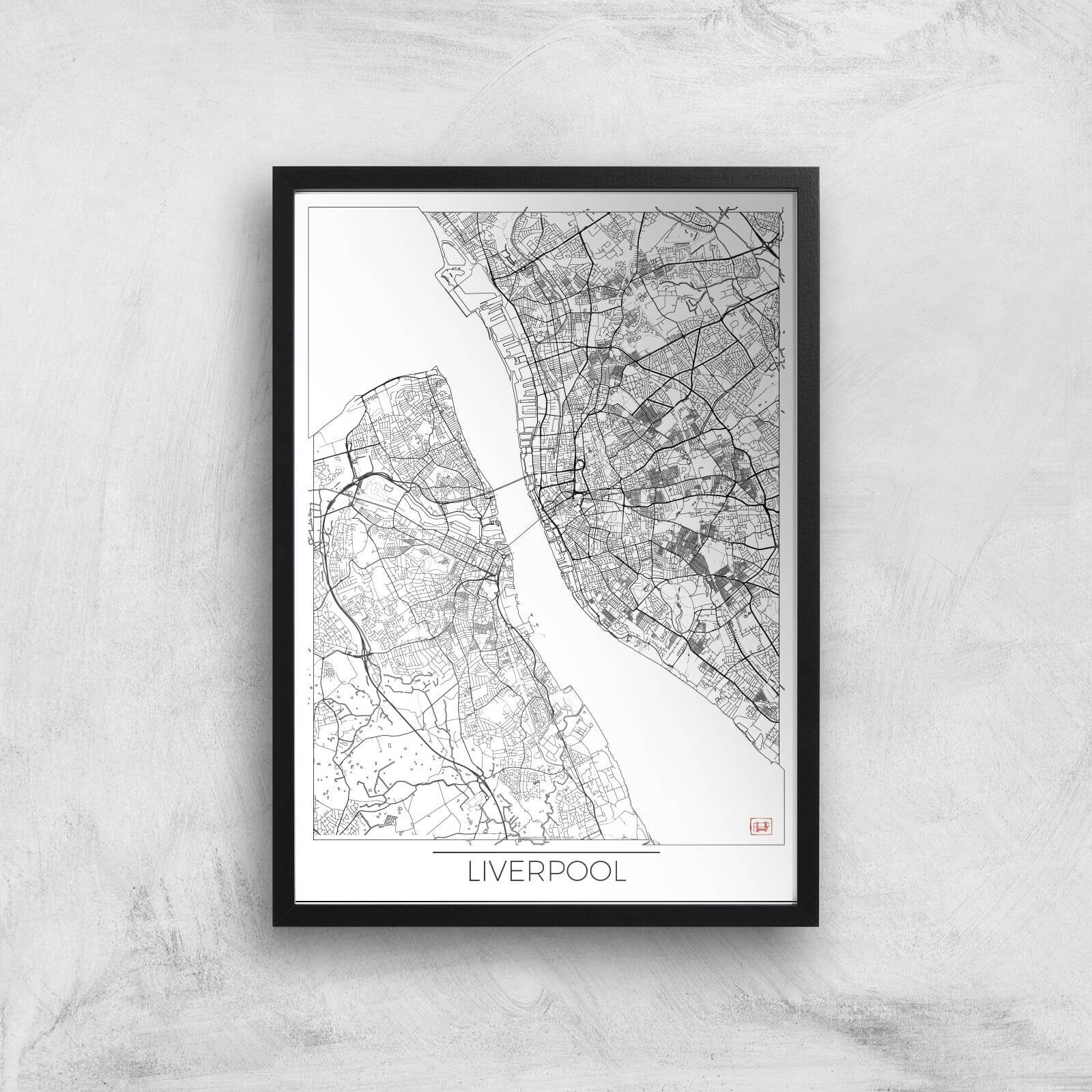 City Art Black and White Outlined Liverpool Map Art Print - A2 - Black Frame