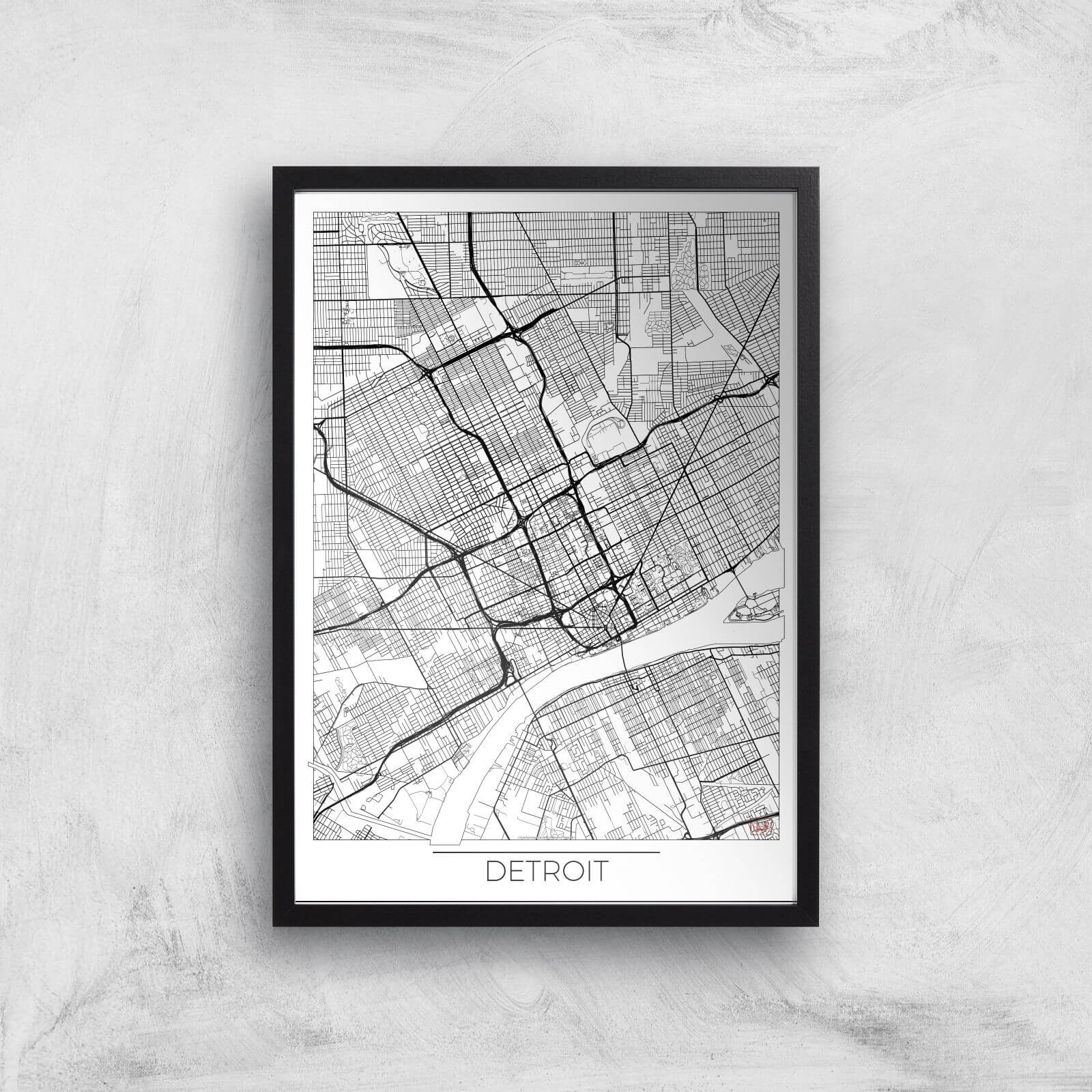 City Art Black and White Outlined Detroit Map Art Print - A2 - Black Frame