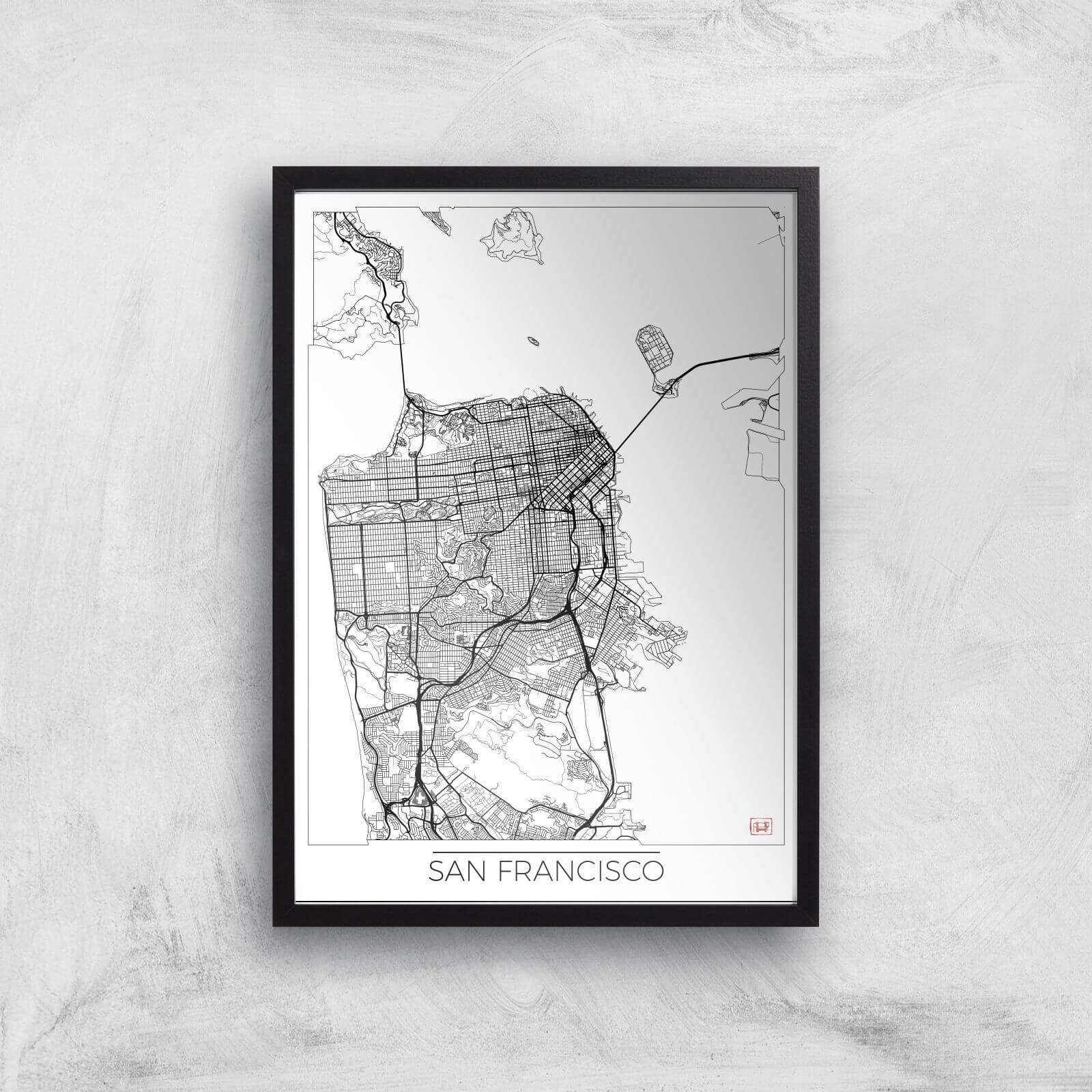 City Art Black and White Outlined San Francisco Map Art Print - A2 - Black Frame