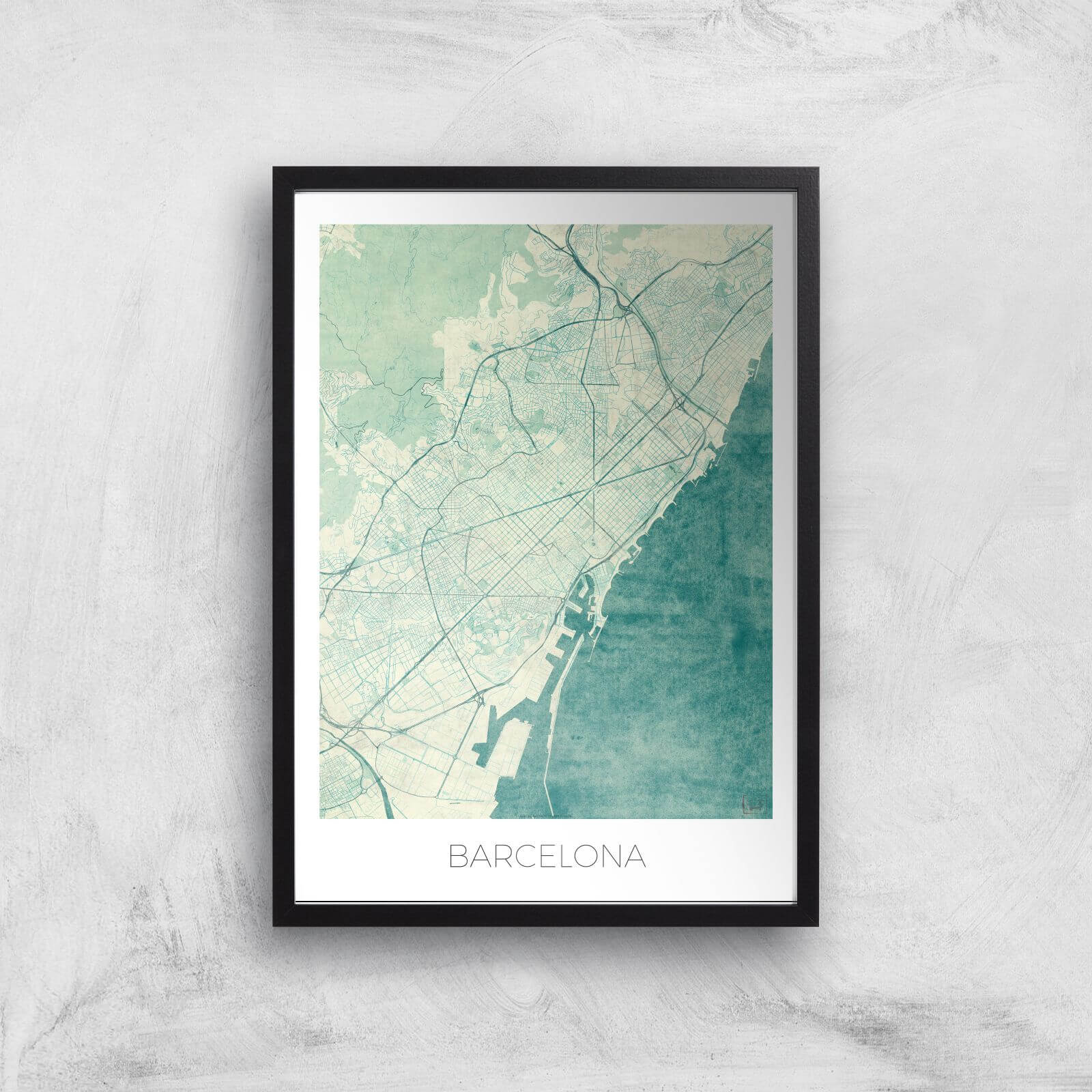 City Art Coloured Barcelona Map Art Print - A2 - Black Frame
