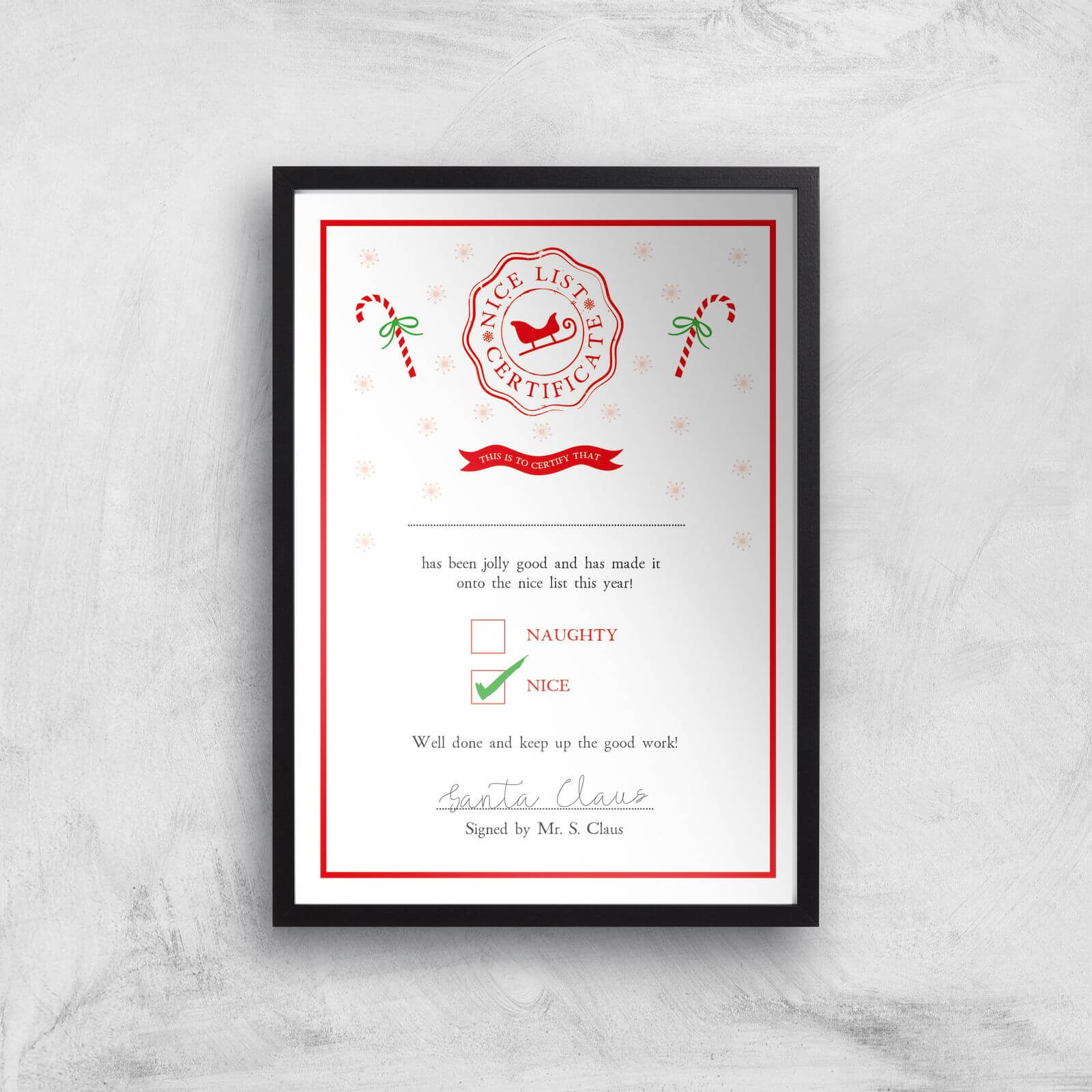 Nice List Certificate Christmas Art Print - A2 - Black Frame
