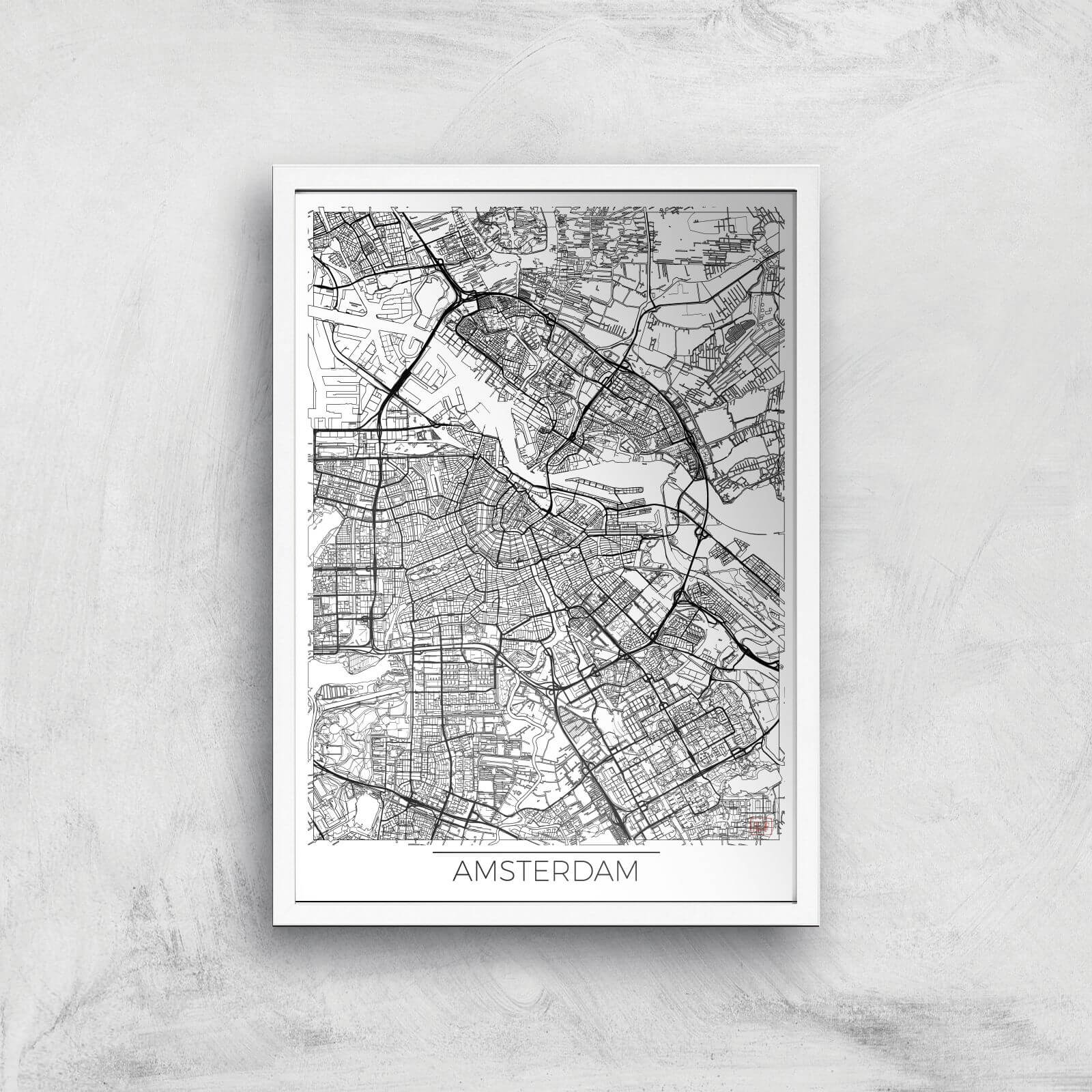 City Art Black and White Outlined Amsterdam Map Art Print - A2 - White Frame