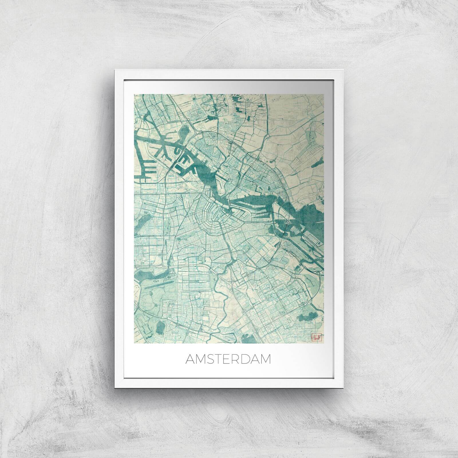 City Art Coloured Amsterdam Map Art Print - A2 - White Frame