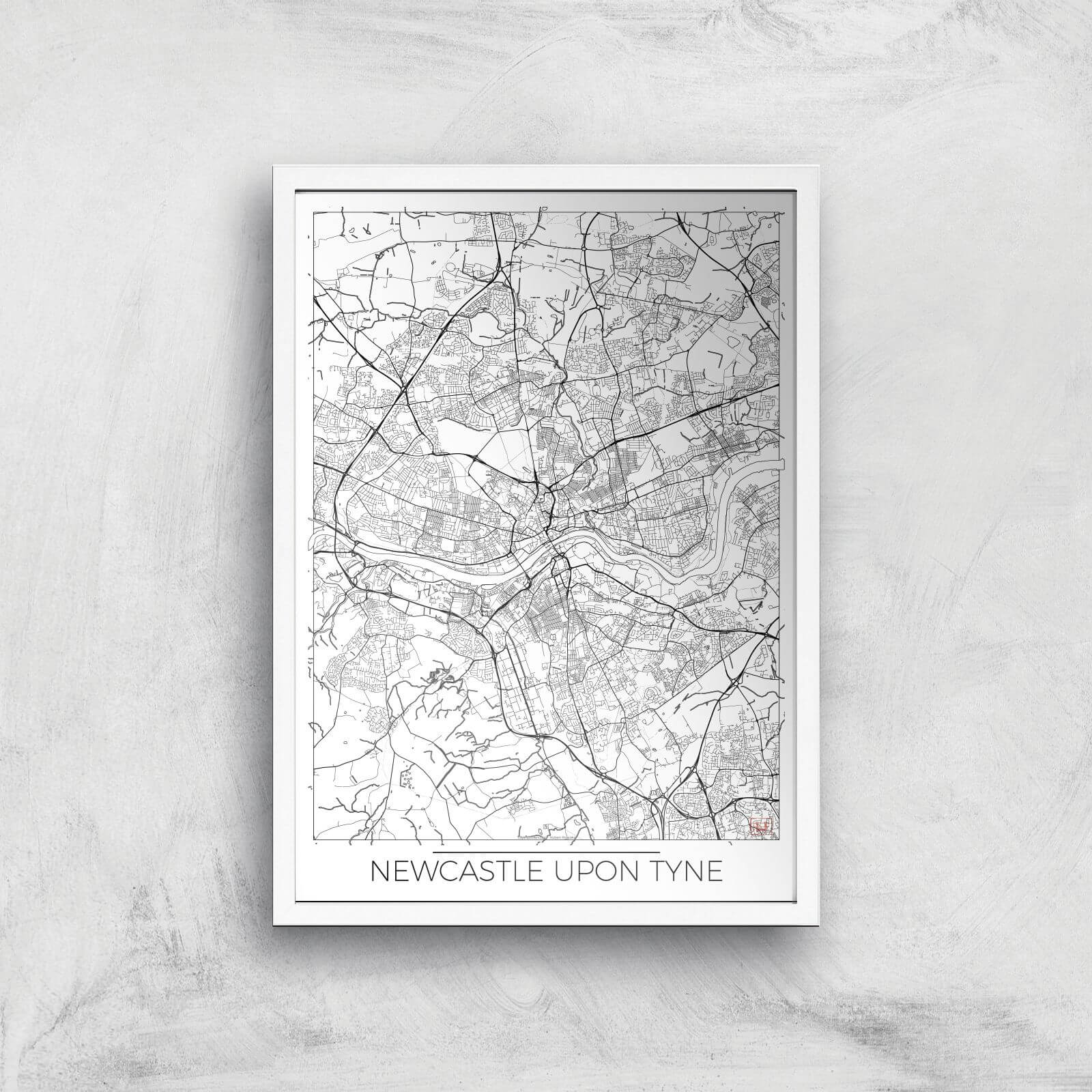 City Art Black and White Outlined Newcastle Map Art Print - A2 - White Frame