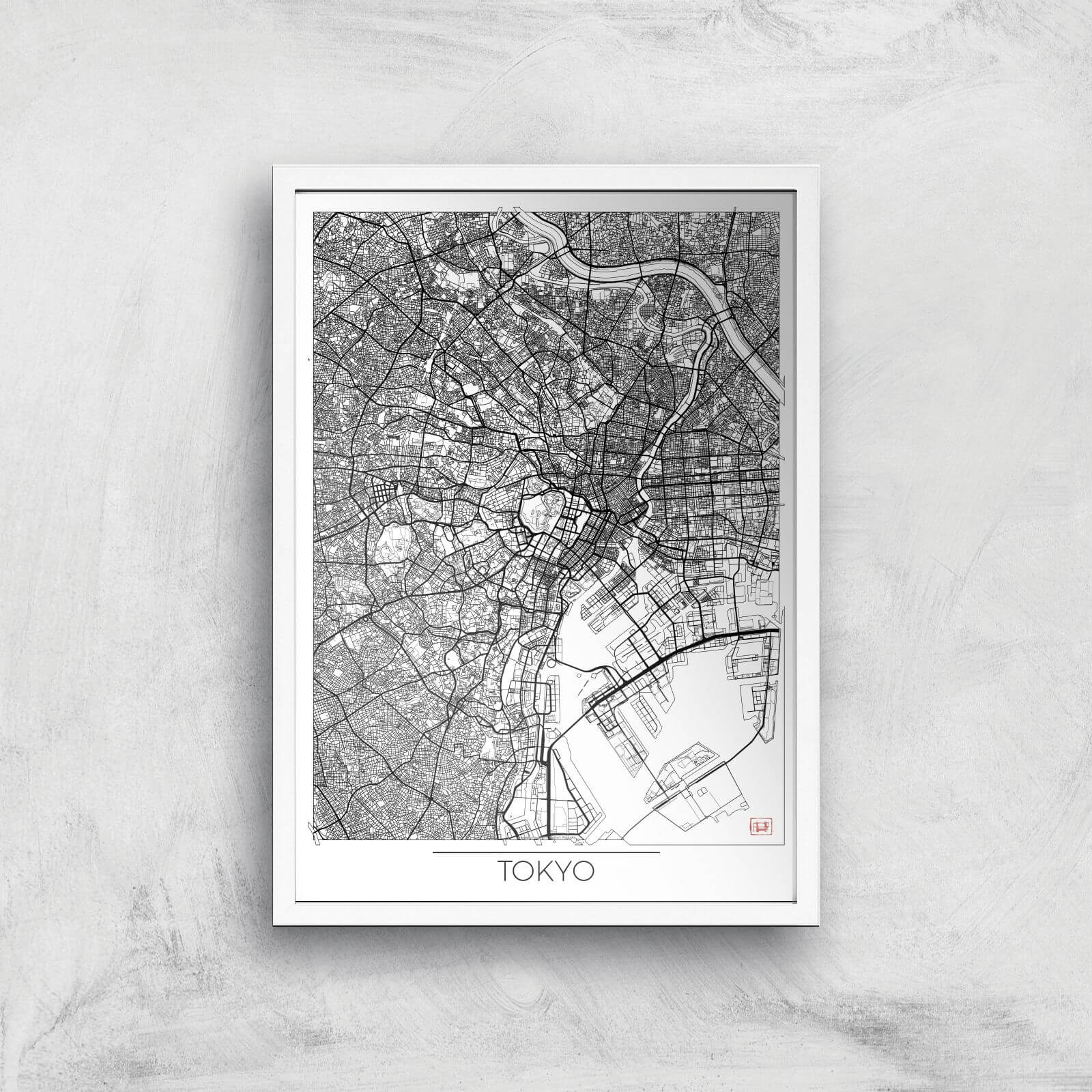 City Art Black and White Outlined Tokyo Map Art Print - A2 - White Frame