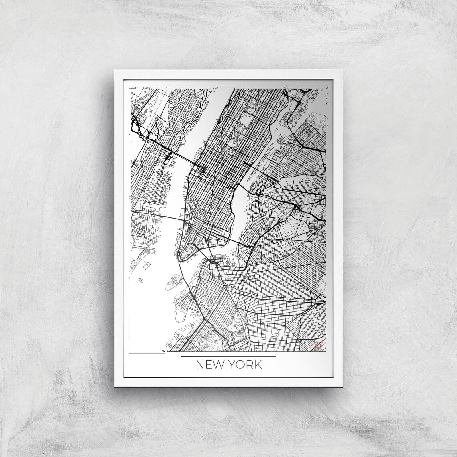 City Art Black and White Outlined New York Map Art Print - A2 - White Frame