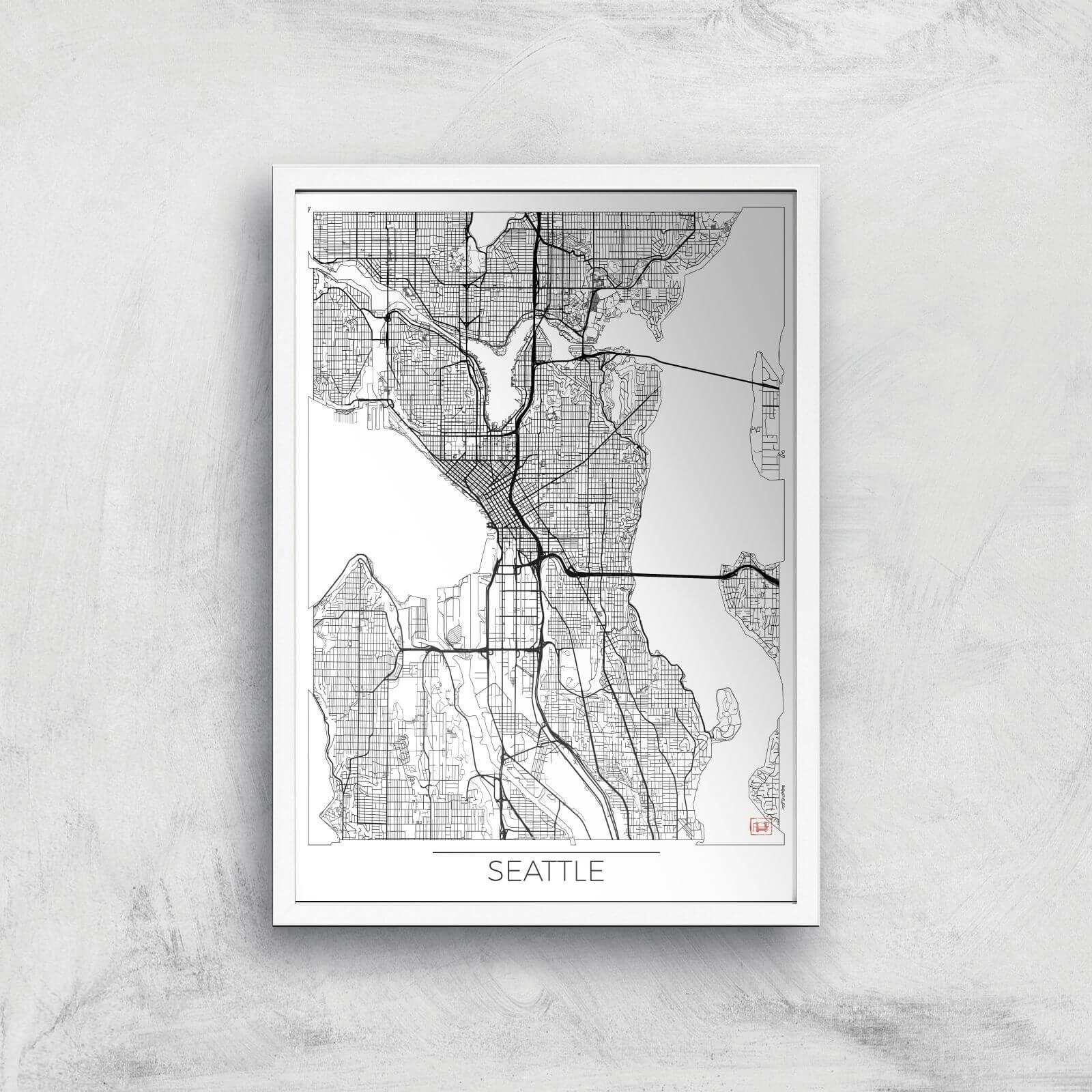 City Art Black and White Outlined Seattle Map Art Print - A2 - White Frame
