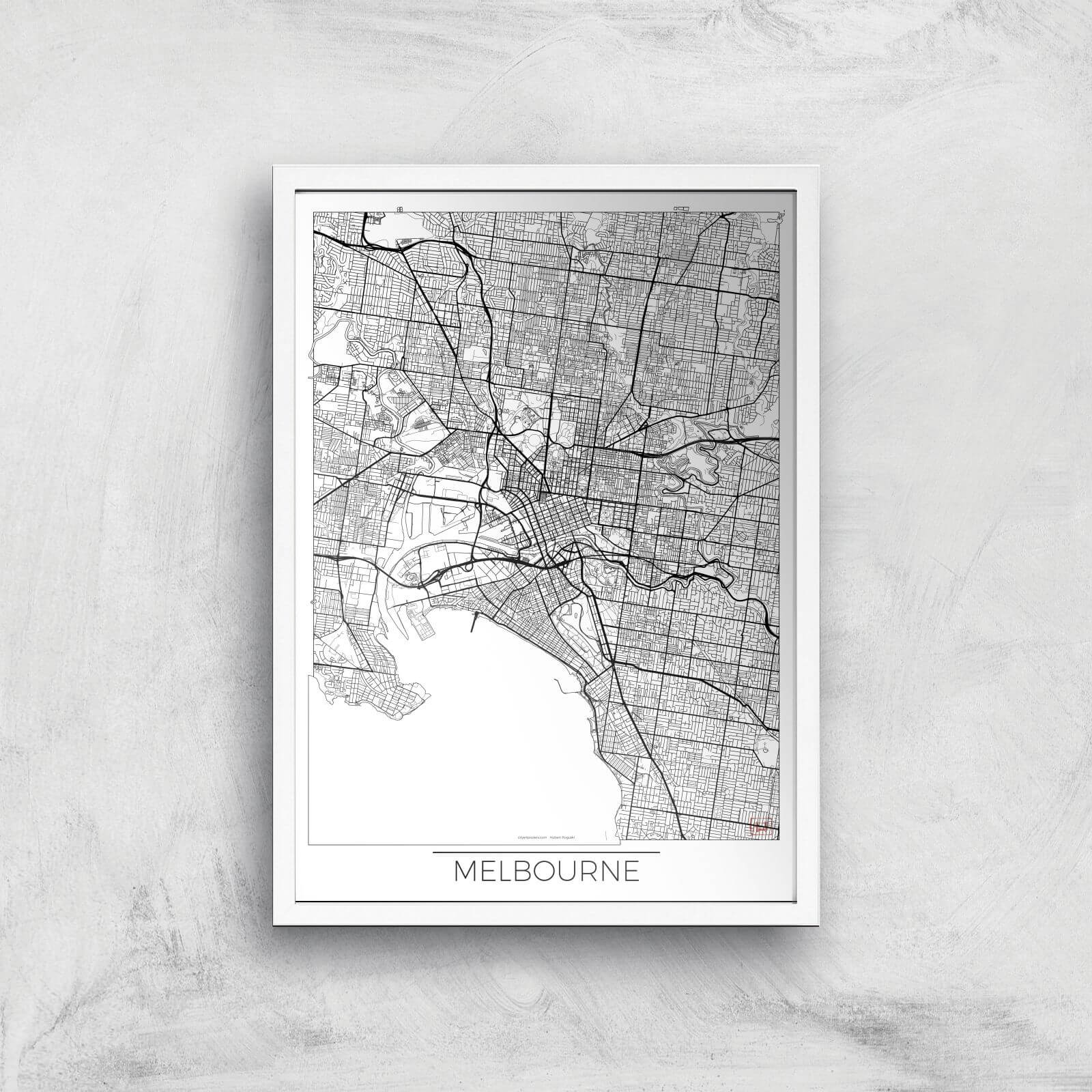 City Art Black and White Outlined Melbourne Map Art Print - A2 - White Frame