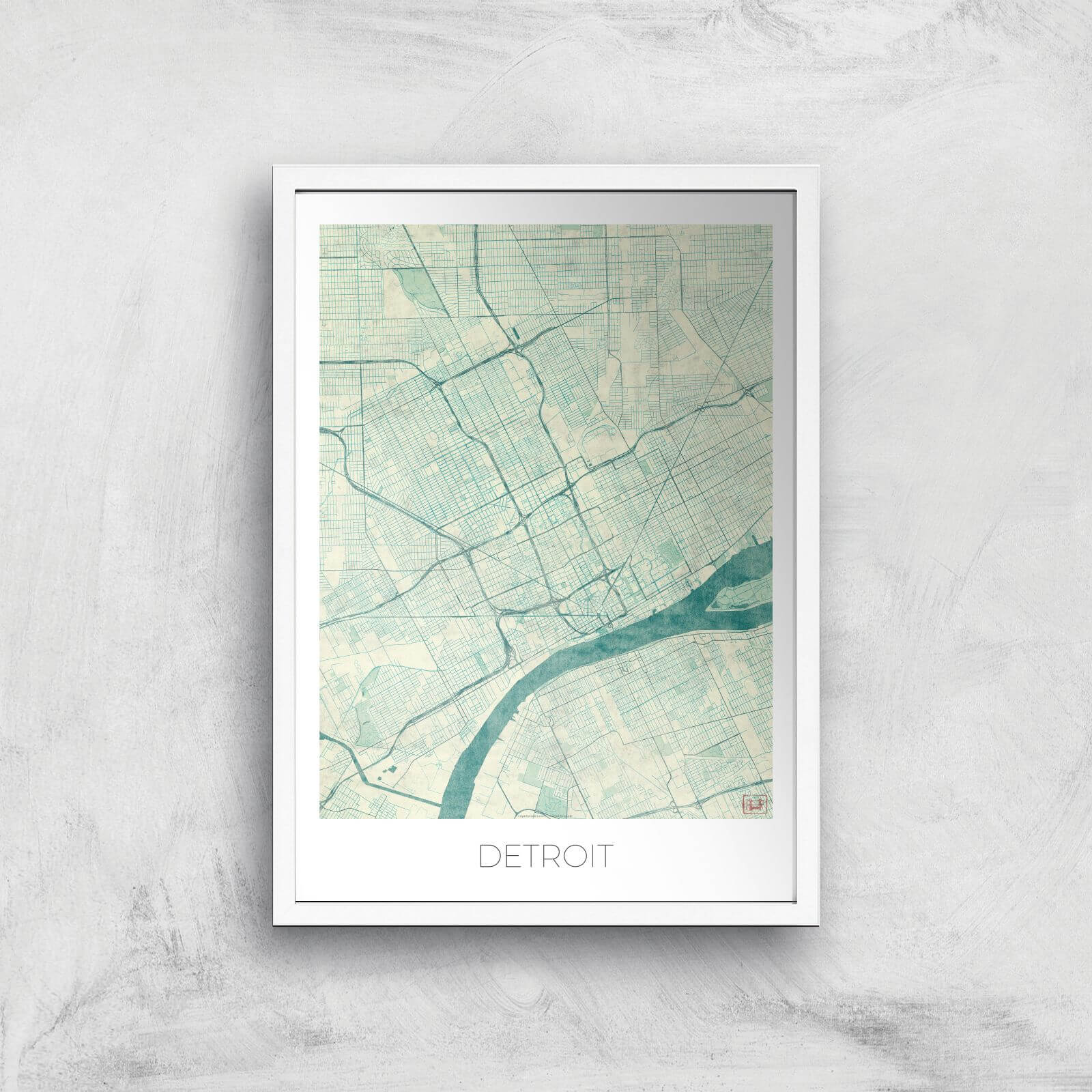 City Art Coloured Detroit Map Art Print - A2 - White Frame