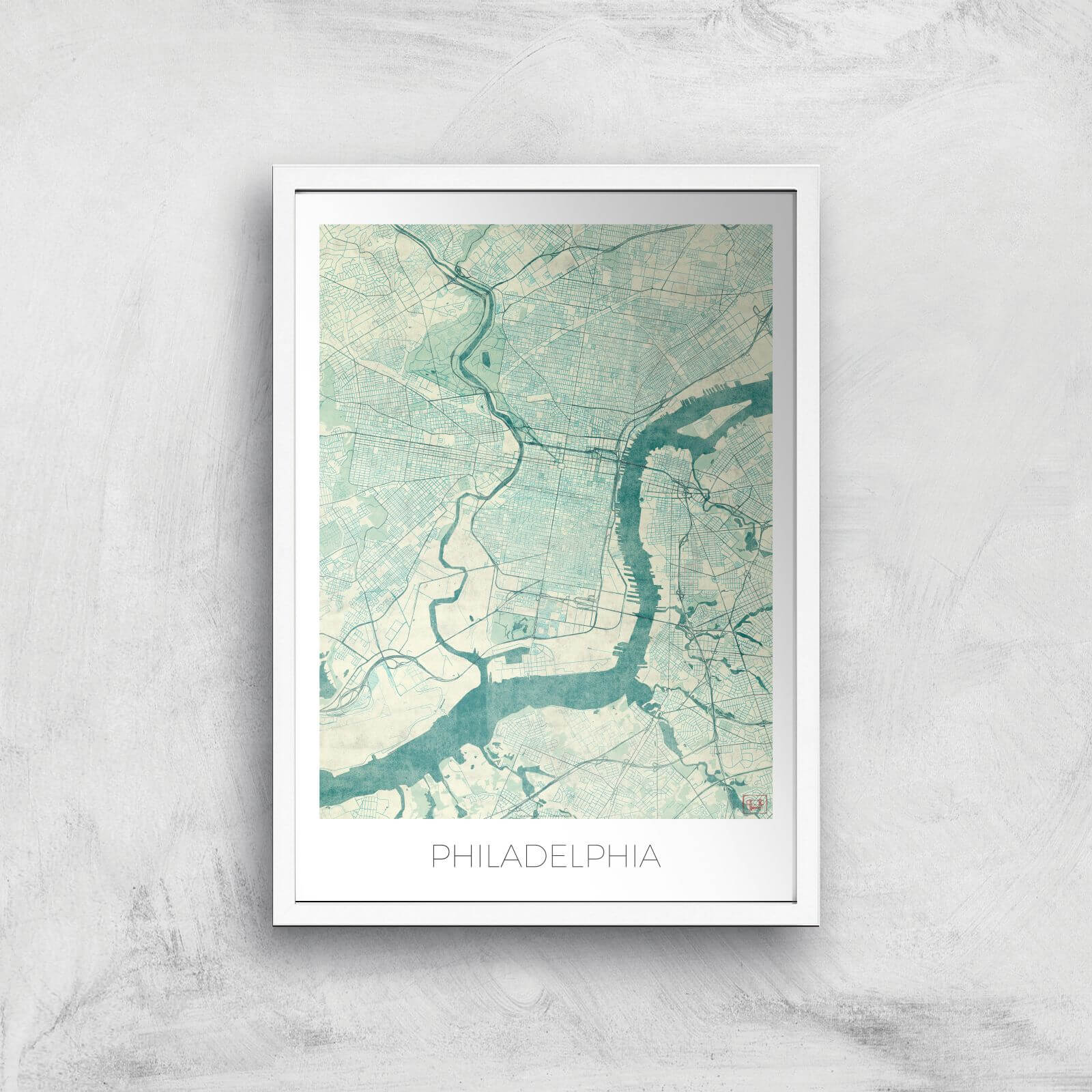 City Art Coloured Philadelphia Map Art Print - A2 - White Frame