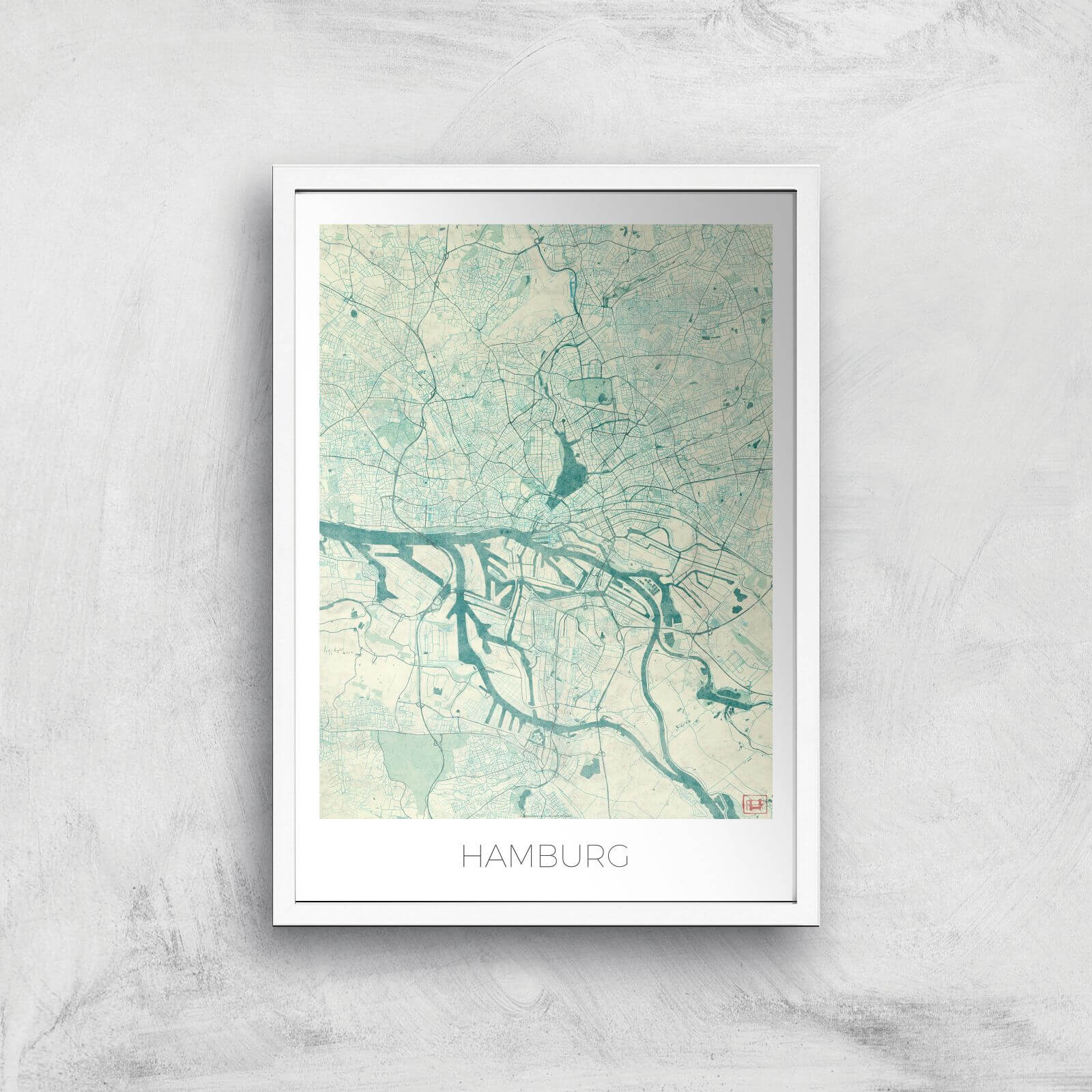City Art Coloured Hamburg Map Art Print - A2 - White Frame