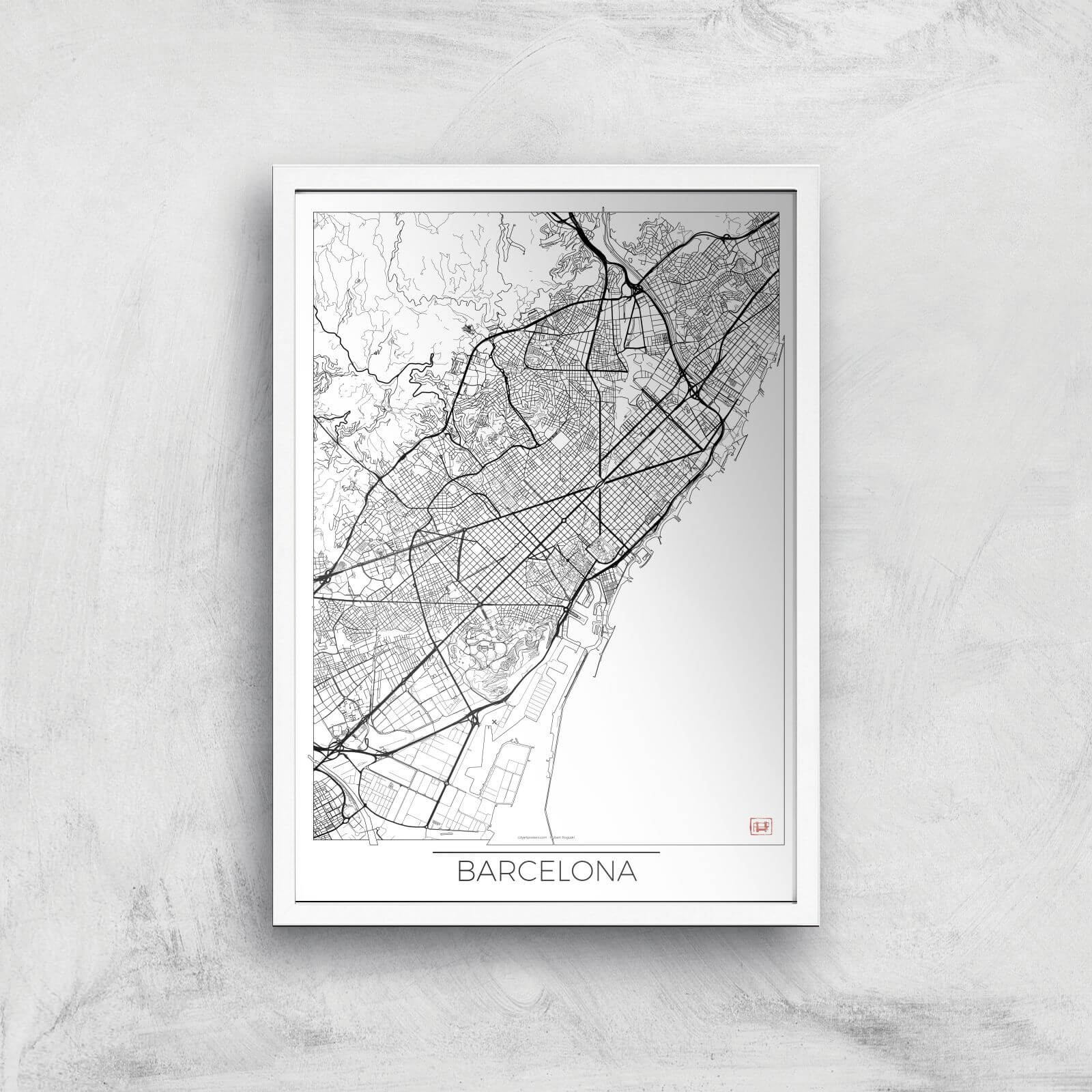 City Art Black and White Outlined Barcelona Map Art Print - A2 - White Frame