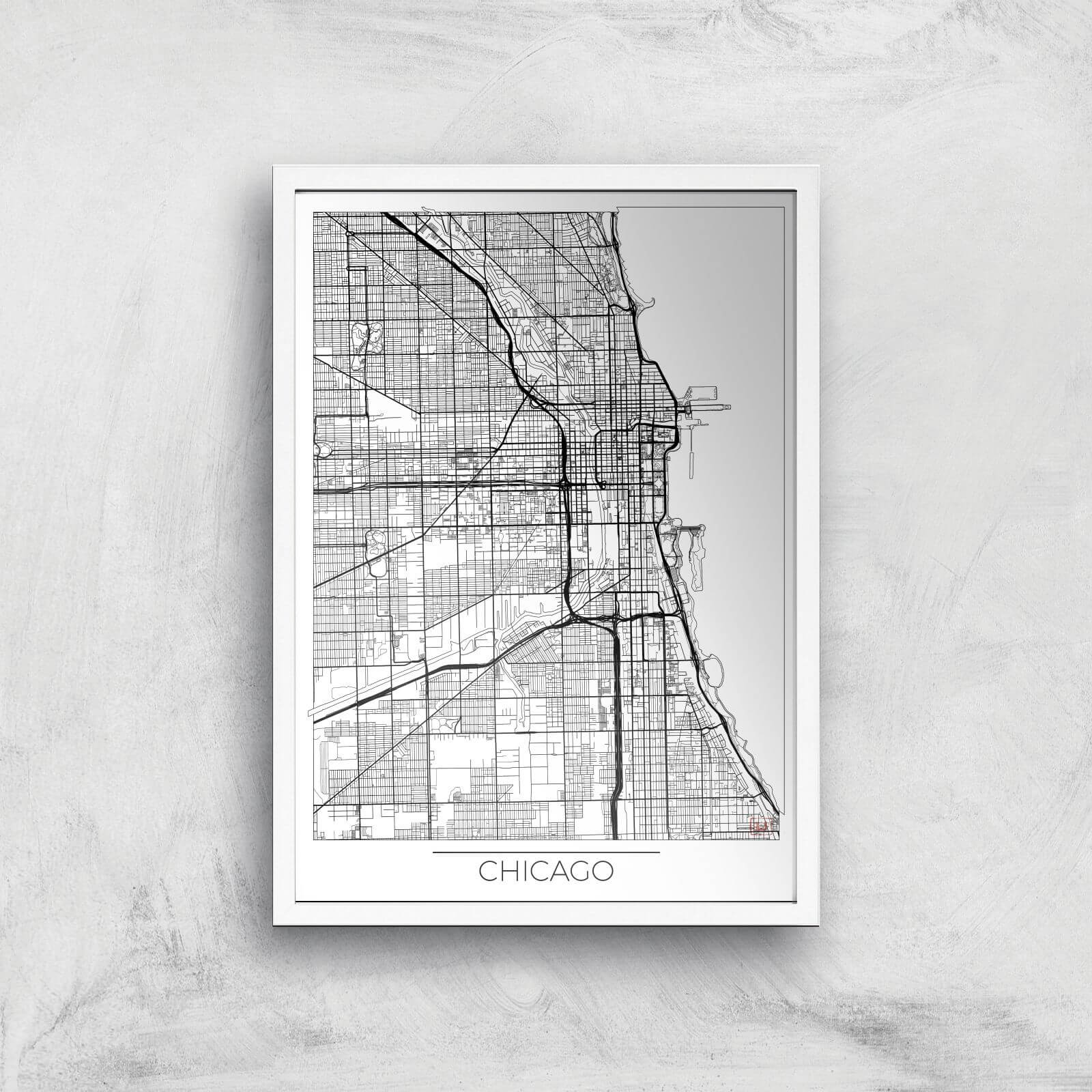 City Art Black and White Outlined Chicago Map Art Print - A2 - White Frame