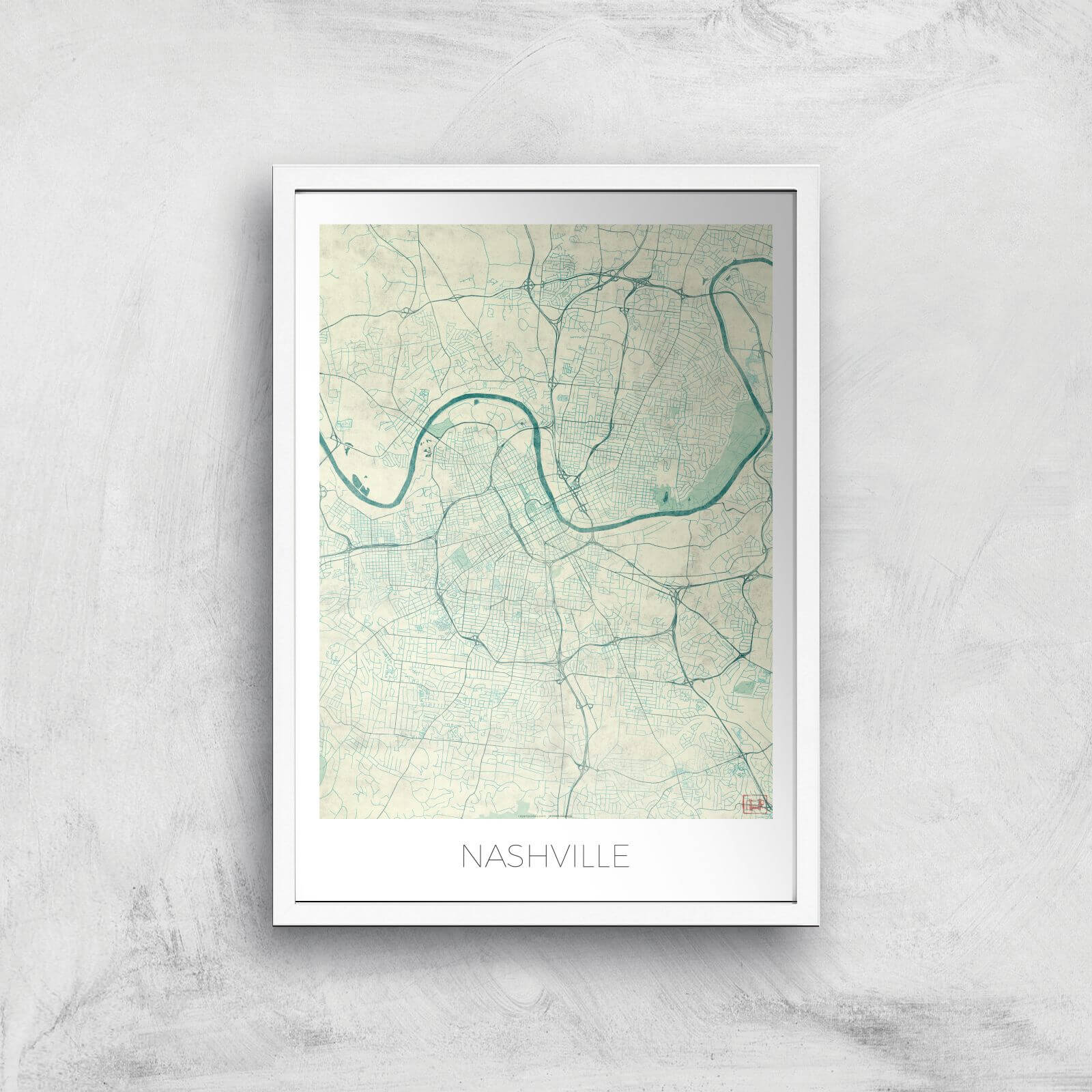 City Art Coloured Nashville Map Art Print - A2 - White Frame