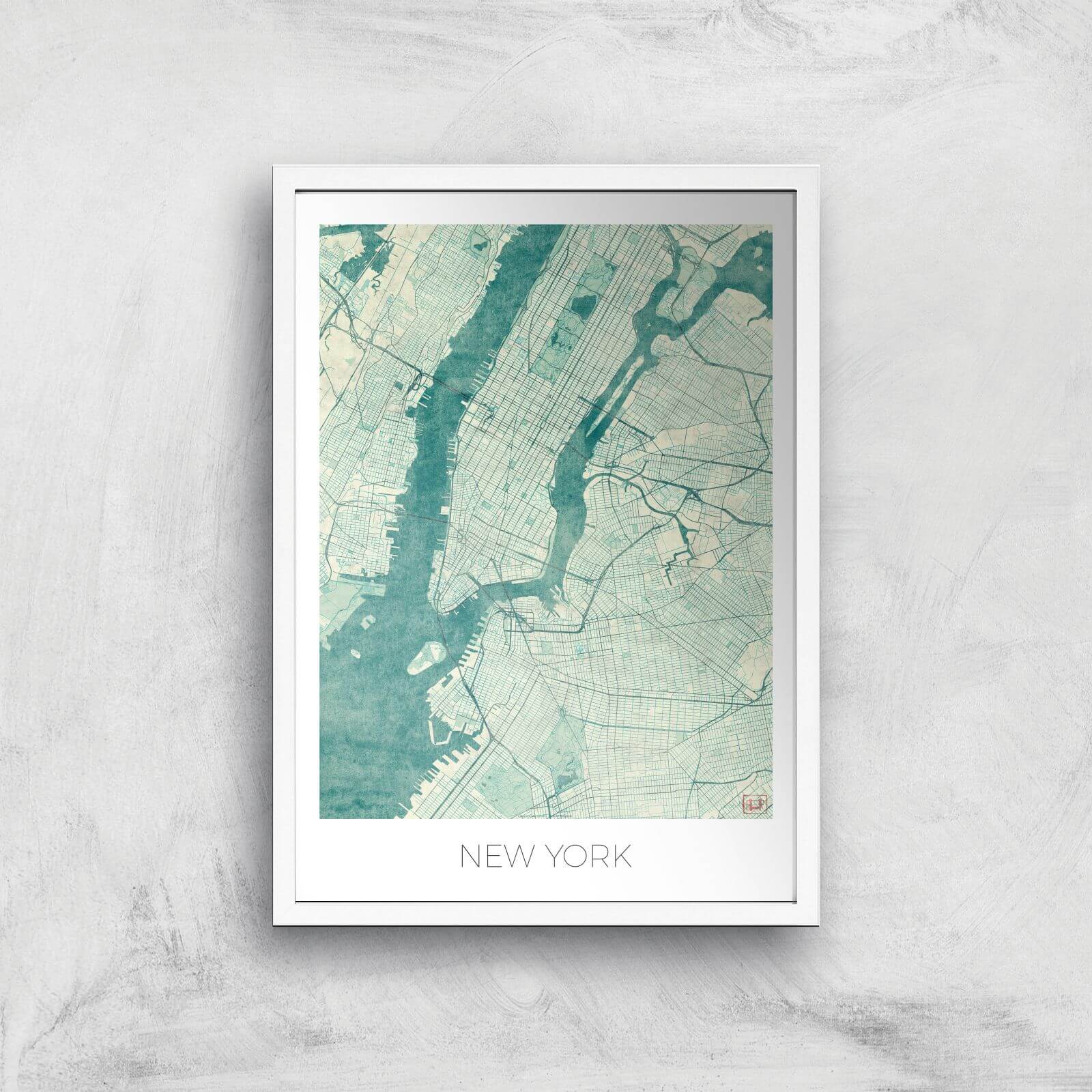 City Art Coloured New York Map Art Print - A2 - White Frame