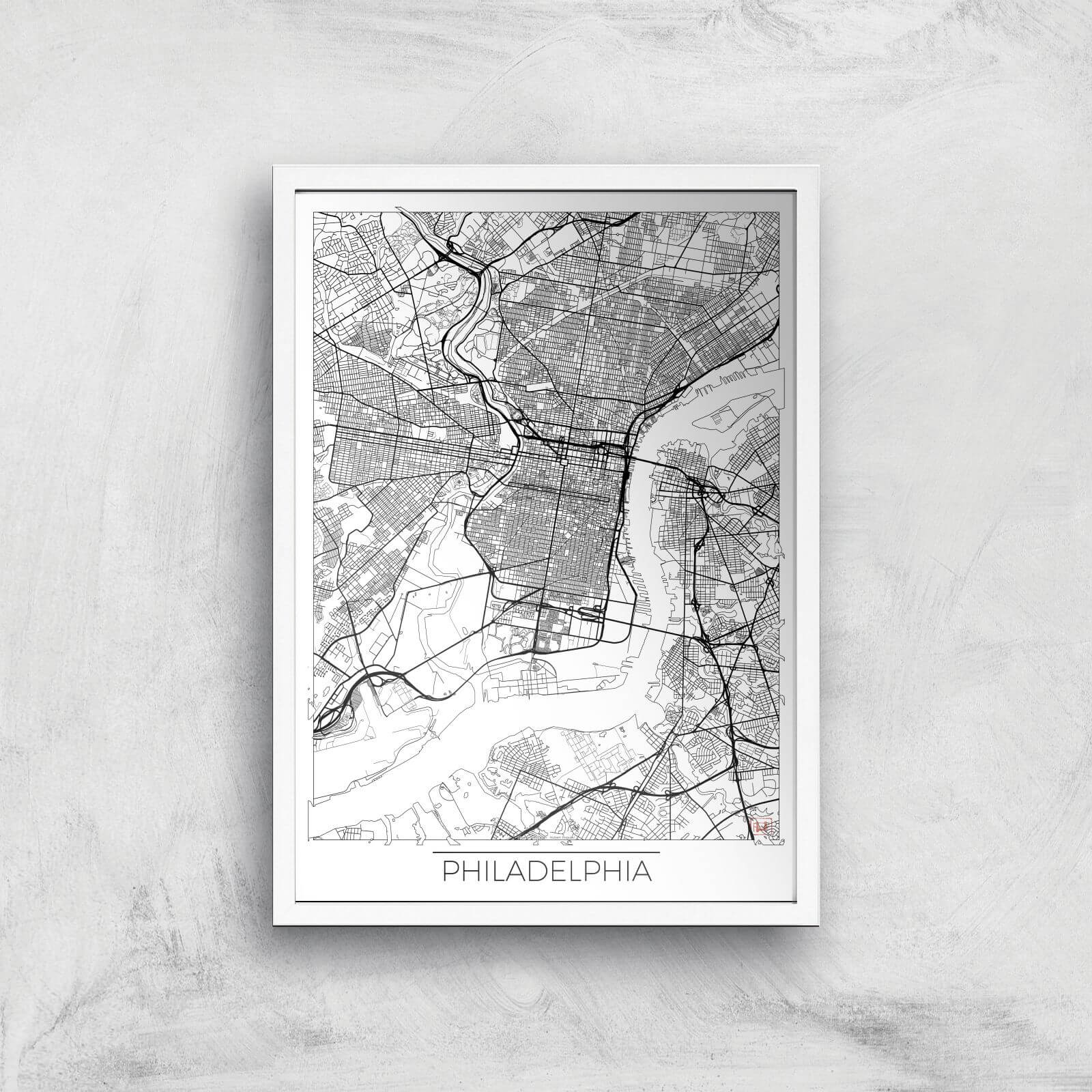 City Art Black and White Outlined Philadelphia Map Art Print - A2 - White Frame