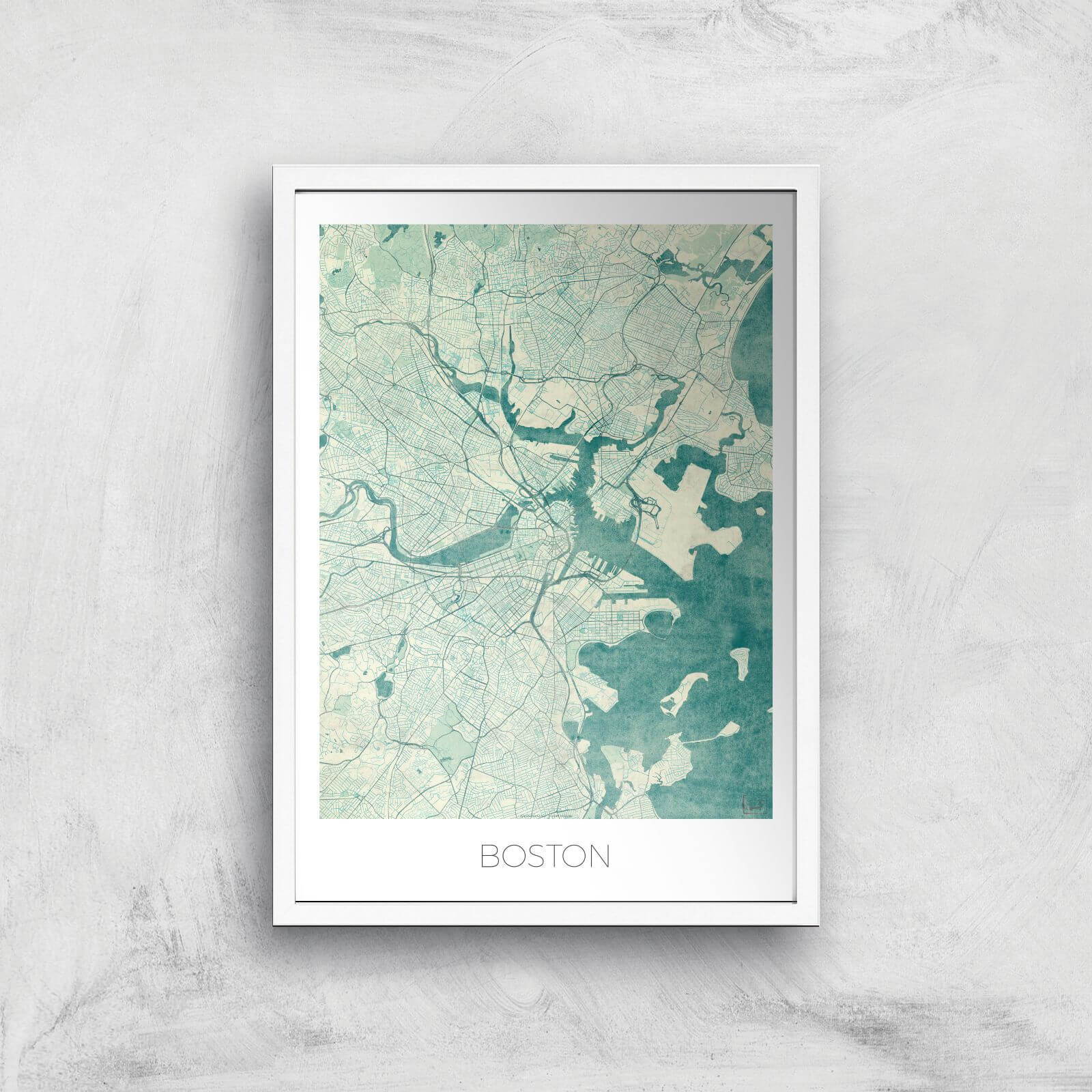 City Art Coloured Boston Map Art Print - A2 - White Frame