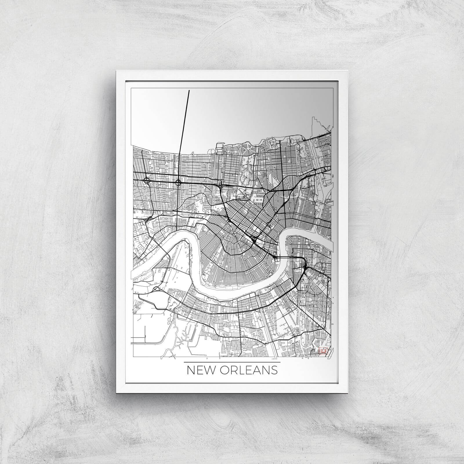 City Art Black and White Outlined New orleans Map Art Print - A2 - White Frame