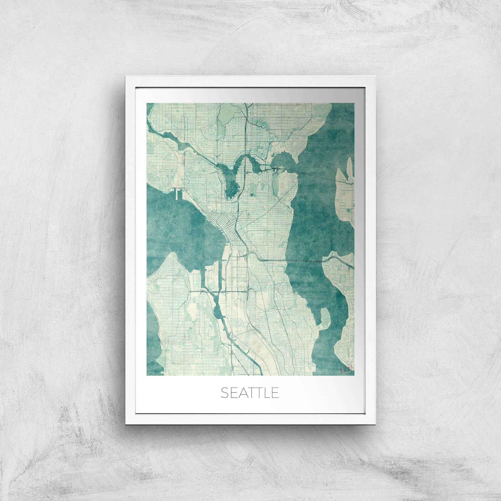 City Art Coloured Seattle Map Art Print - A2 - White Frame